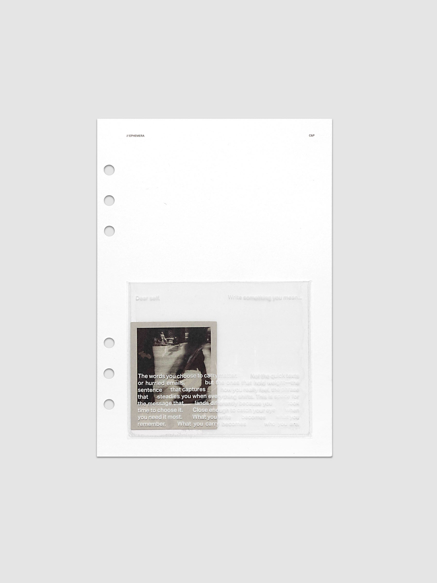 White Ephemera Planner Dashboard with transparent pocket and journaling card shown pre-punched for A5 6-ring planners.