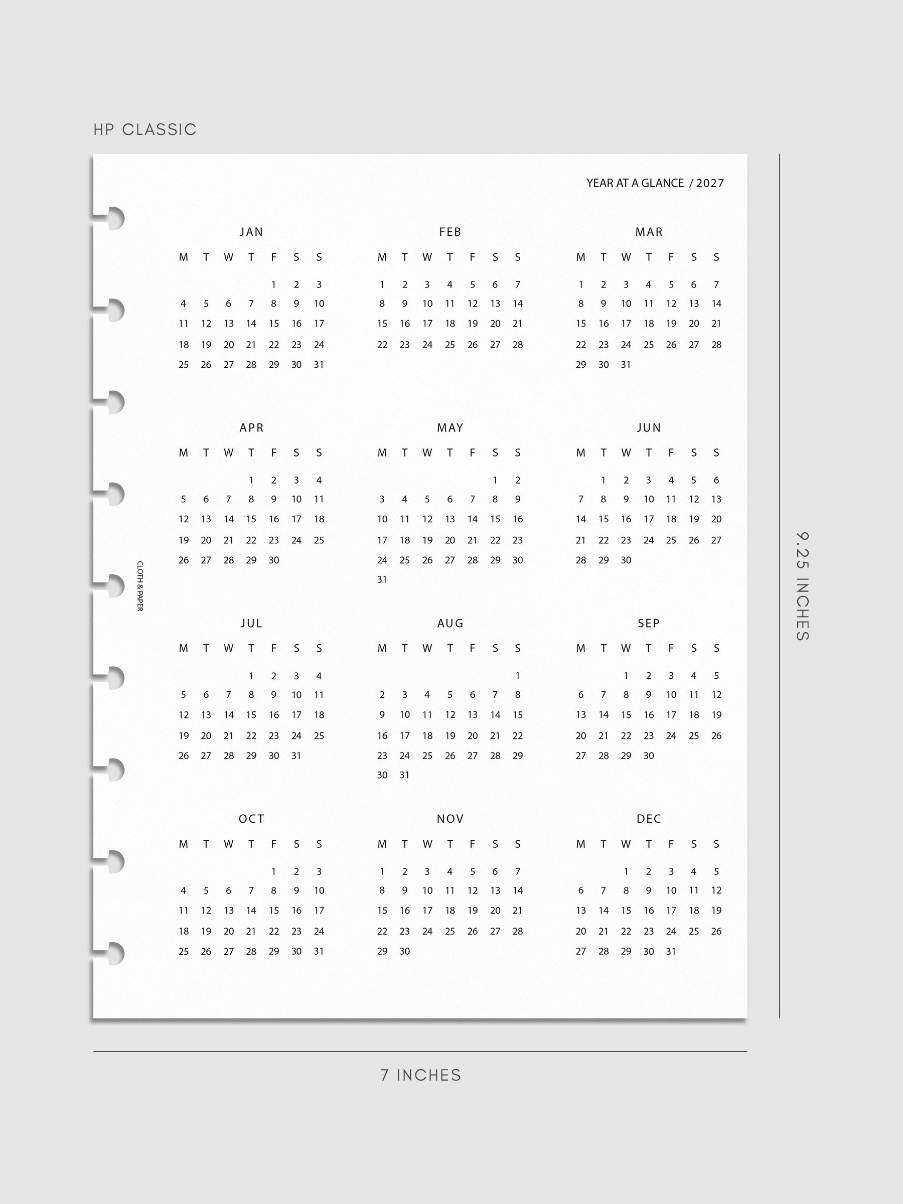 2027 Year At A Glance Dashboard Monday Start, HP Classic 9-Disc Punch, translucent vellum dashboard printed with a full year calendar in Monday-start format