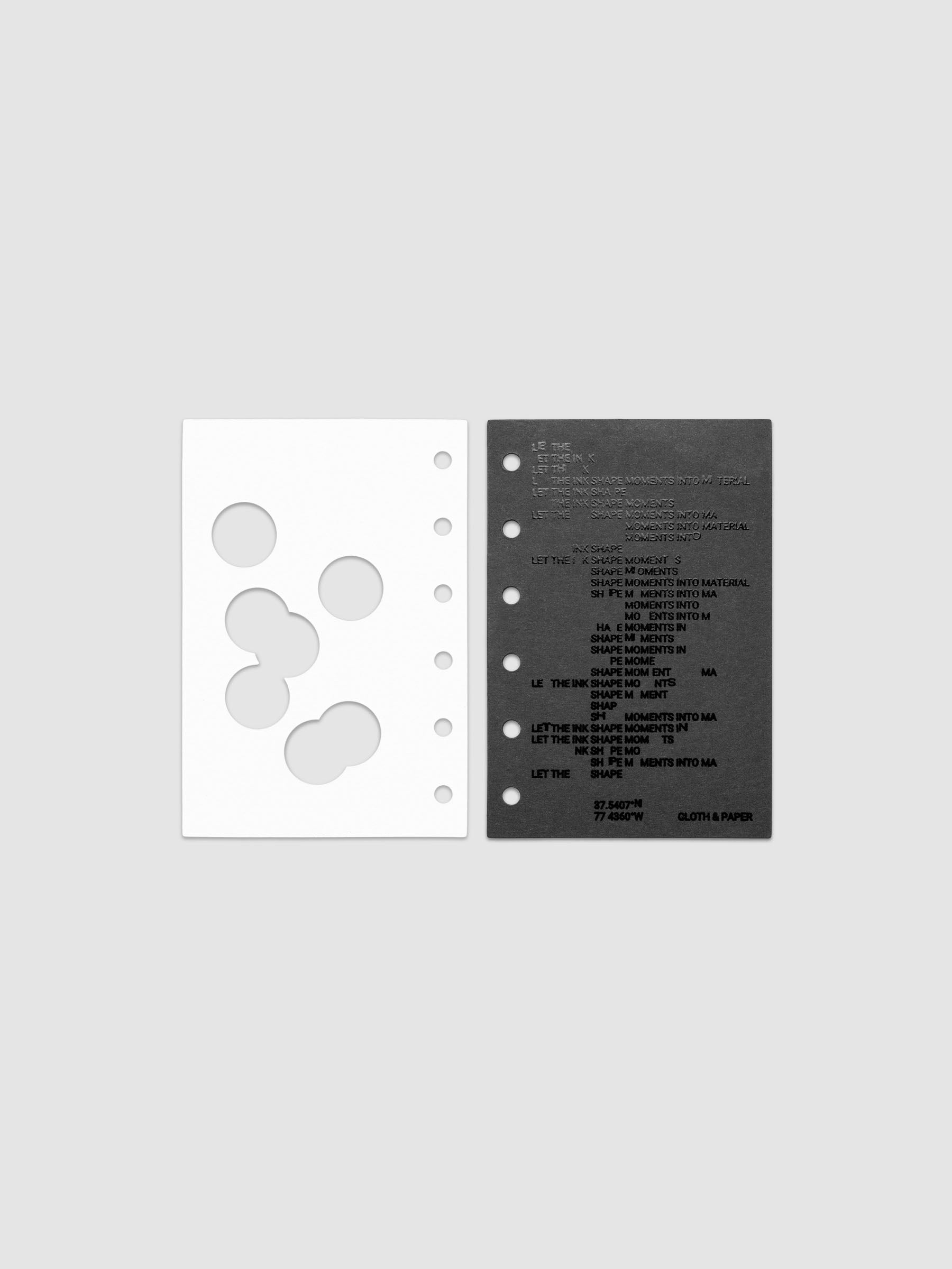 Black and white Ink Blot Planner Dashboard Duo shown with layers side by side in size Pocket, pre-punched for 6-ring planners.