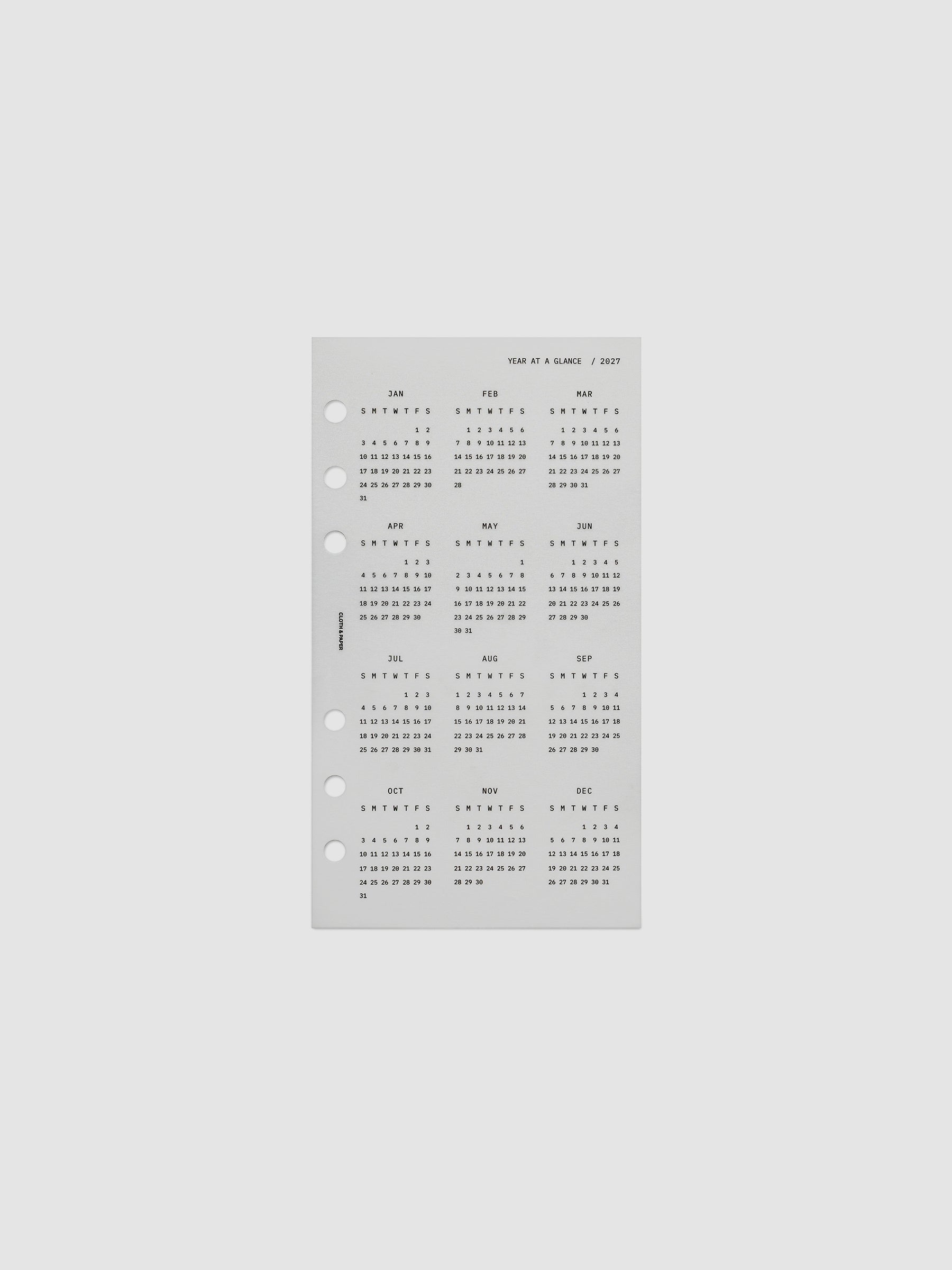 2027 Year At A Glance Dashboard Sunday Start, Personal 6-Ring Punch, translucent vellum dashboard shown on its own