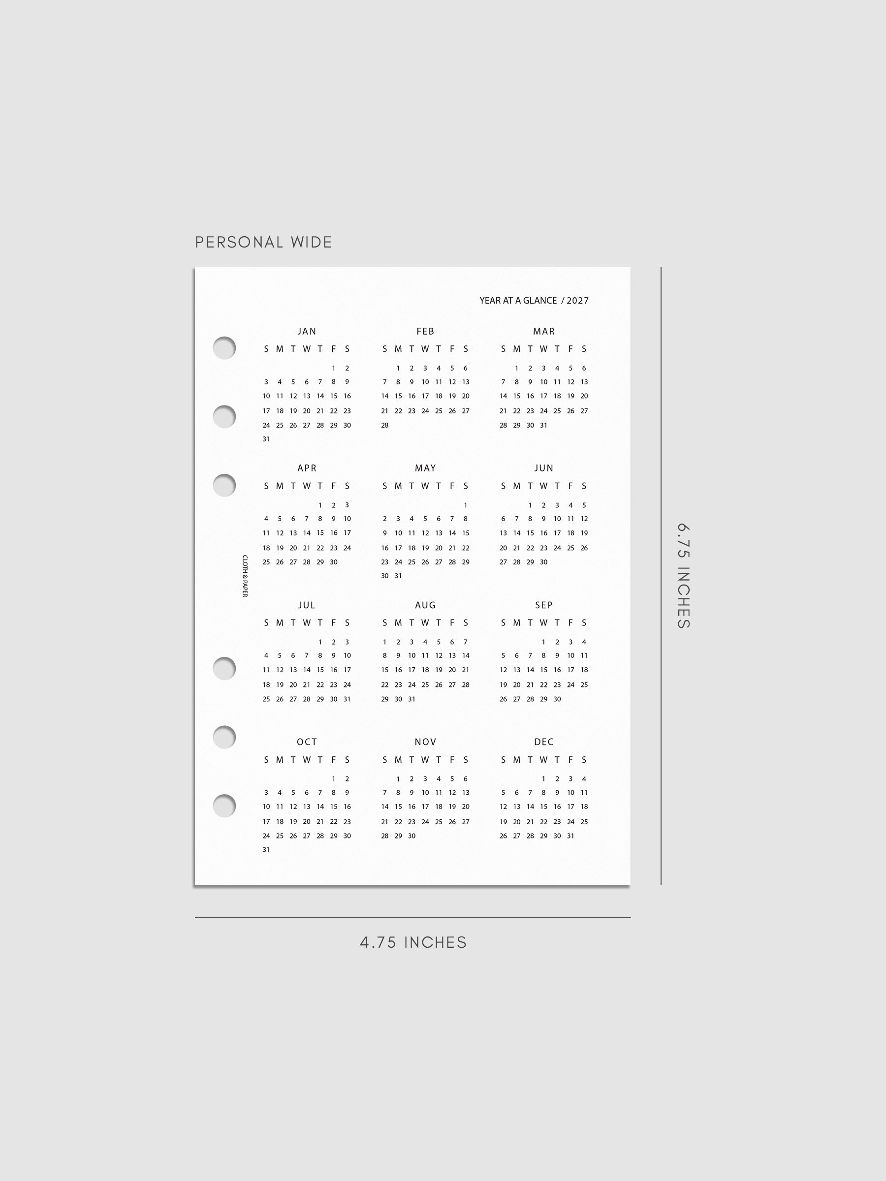 2027 Year At A Glance Dashboard Sunday Start, Personal Wide 6-Ring Punch, translucent vellum dashboard printed with a full 2027 year-at-a-glance calendar in Sunday-start format