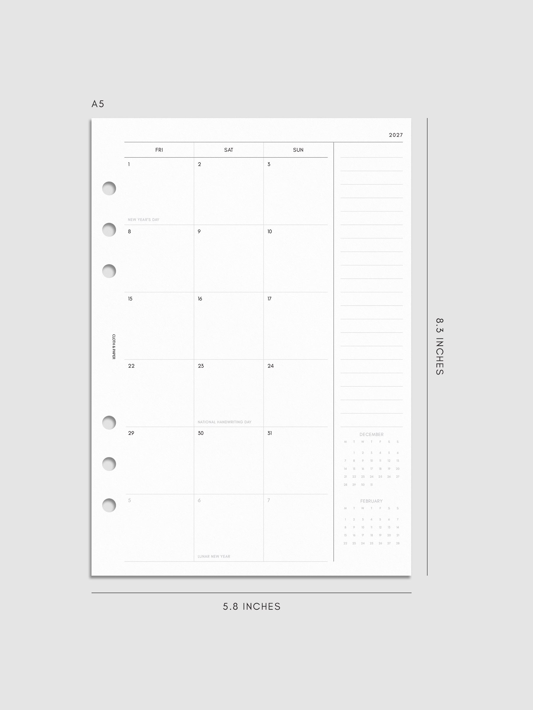 2027 Dated Monthly Planner Inserts, Monday Start, A5 6-Ring Punch, right page of two-page monthly calendar spread with notes column and mini calendars in the bottom right corner shown inside a planner