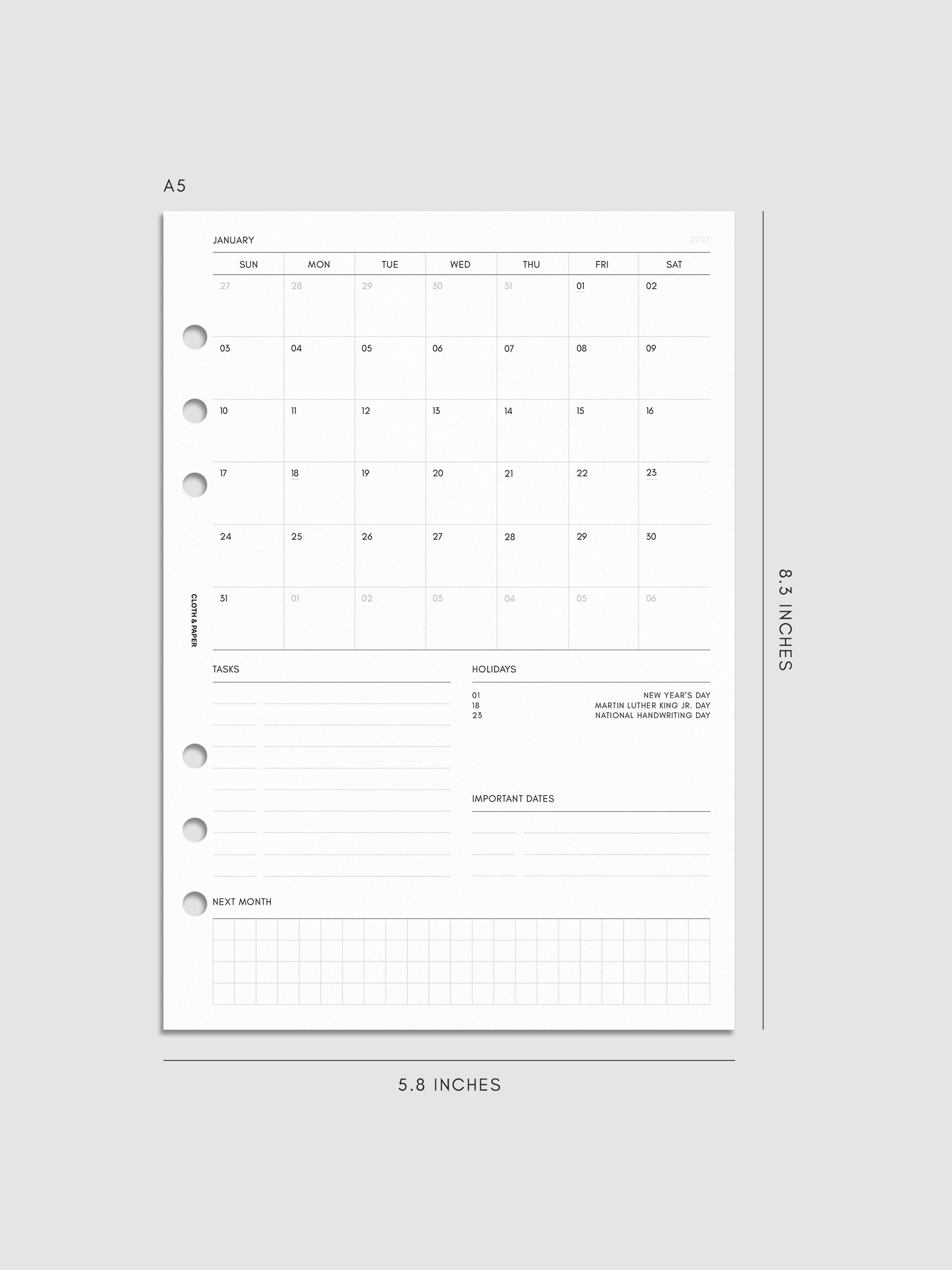 2027 Dated Monthly Admin Inserts in A5 6-Ring Punch size, shown as a styled flat lay mockup.