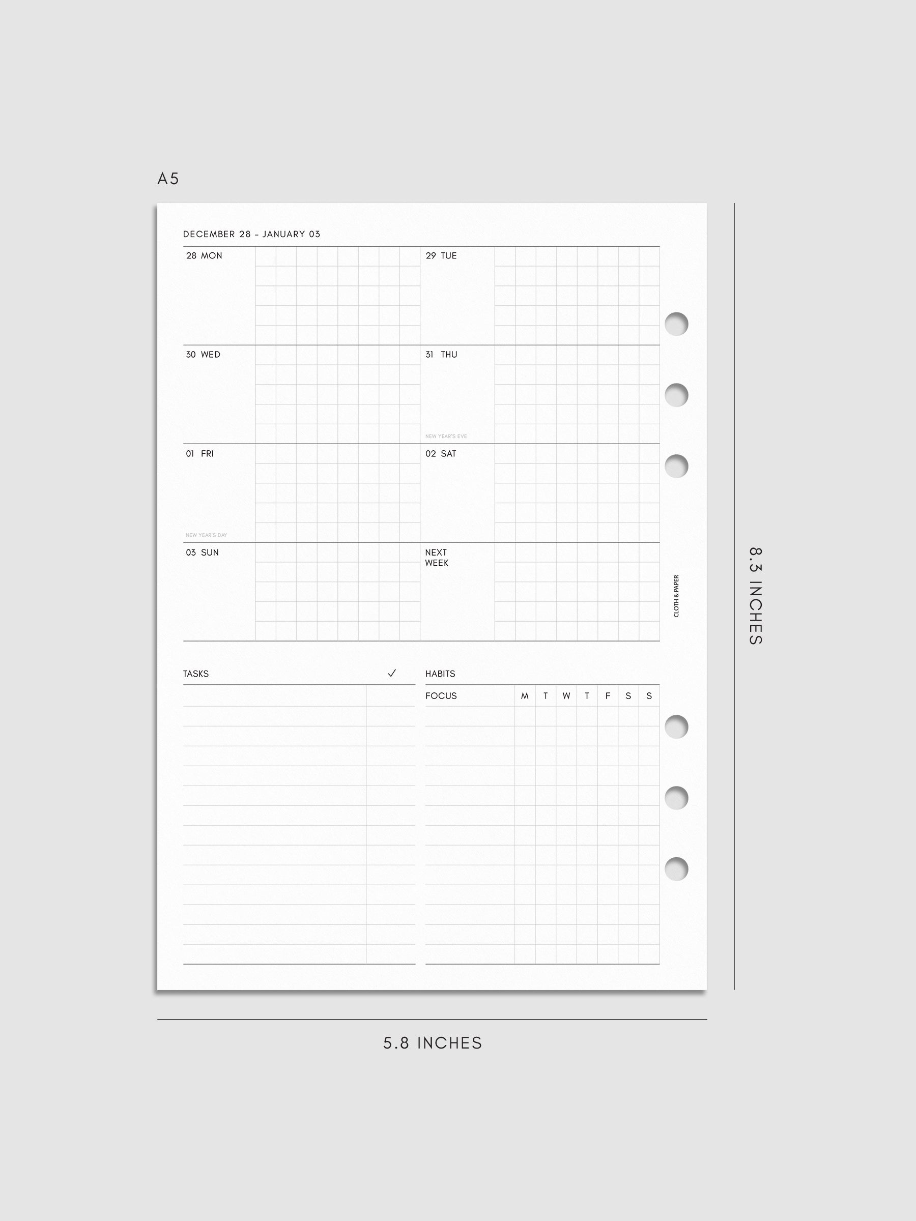 Digital mockup of the left page of the 2027 Dated Weekly Admin insert in A5 6-Ring Punch size, showing the weekly overview with sections for tasks and habit tracking