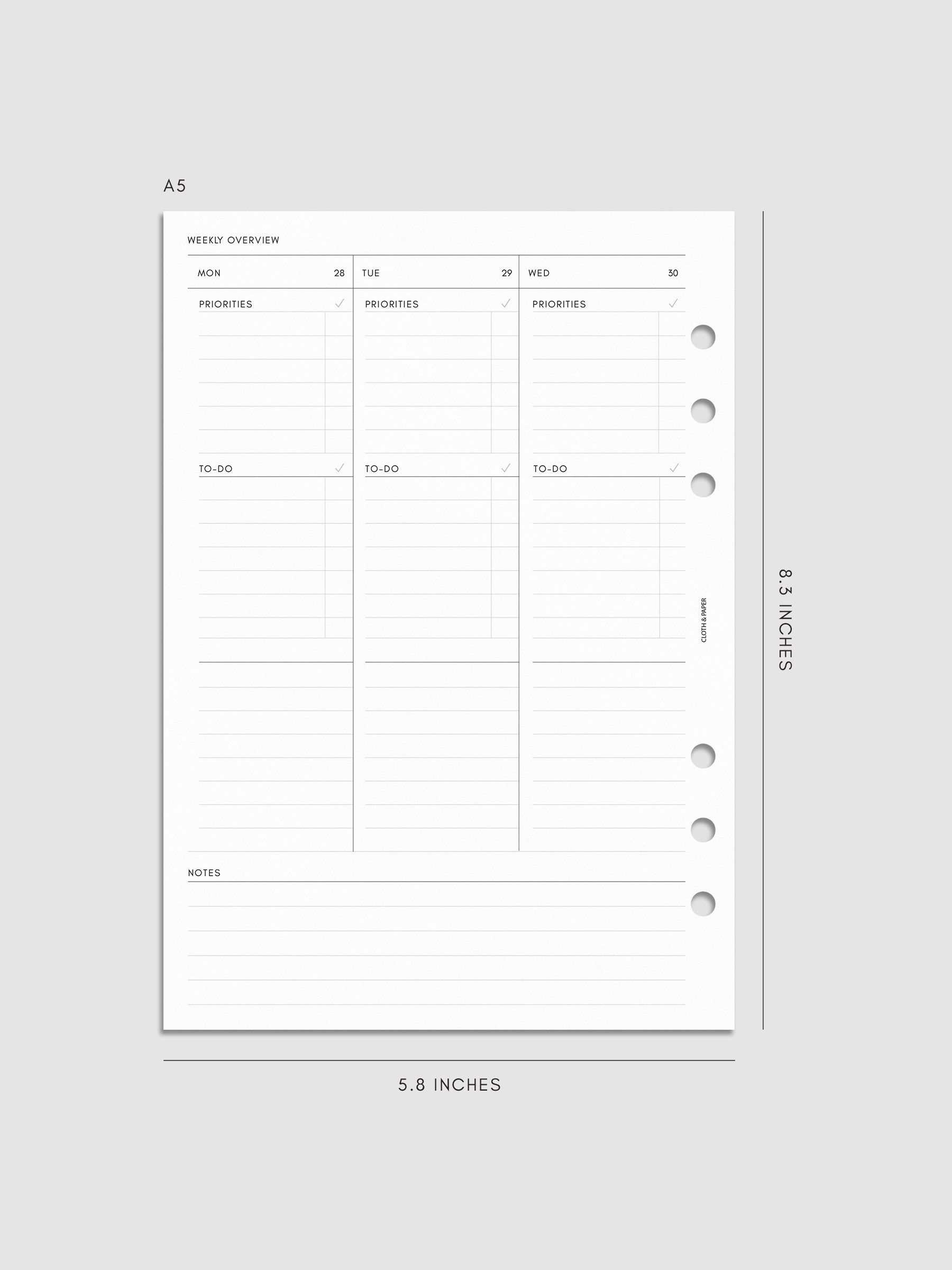 2027 Dated Weekly Task Planner Inserts, Monday Start, A5 6-Ring Punch, left page of weekly spread showing vertical columns for Monday through Wednesday with labeled priorities, to-do, and open notes sections