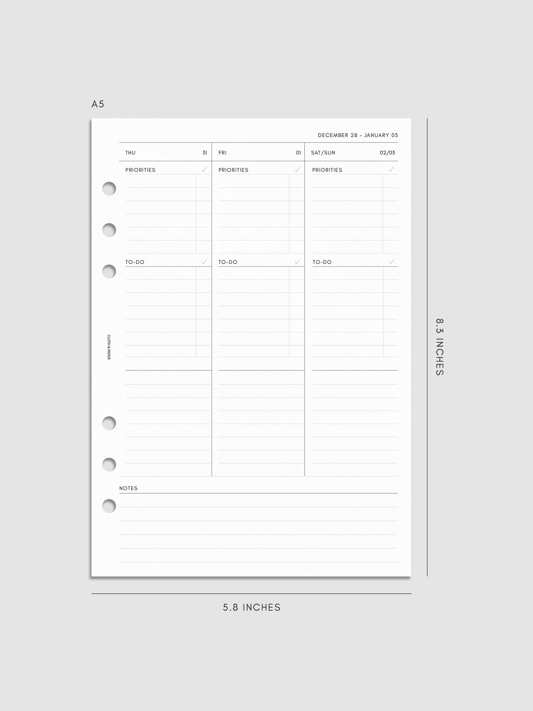 2027 Dated Weekly Task Planner Inserts, Monday Start, A5 6-Ring Punch, right page of weekly spread showing vertical columns for Thursday and Friday alongside a combined Saturday and Sunday column, with labeled priorities, to-do, and open notes sections, and weekly notes section along the bottom