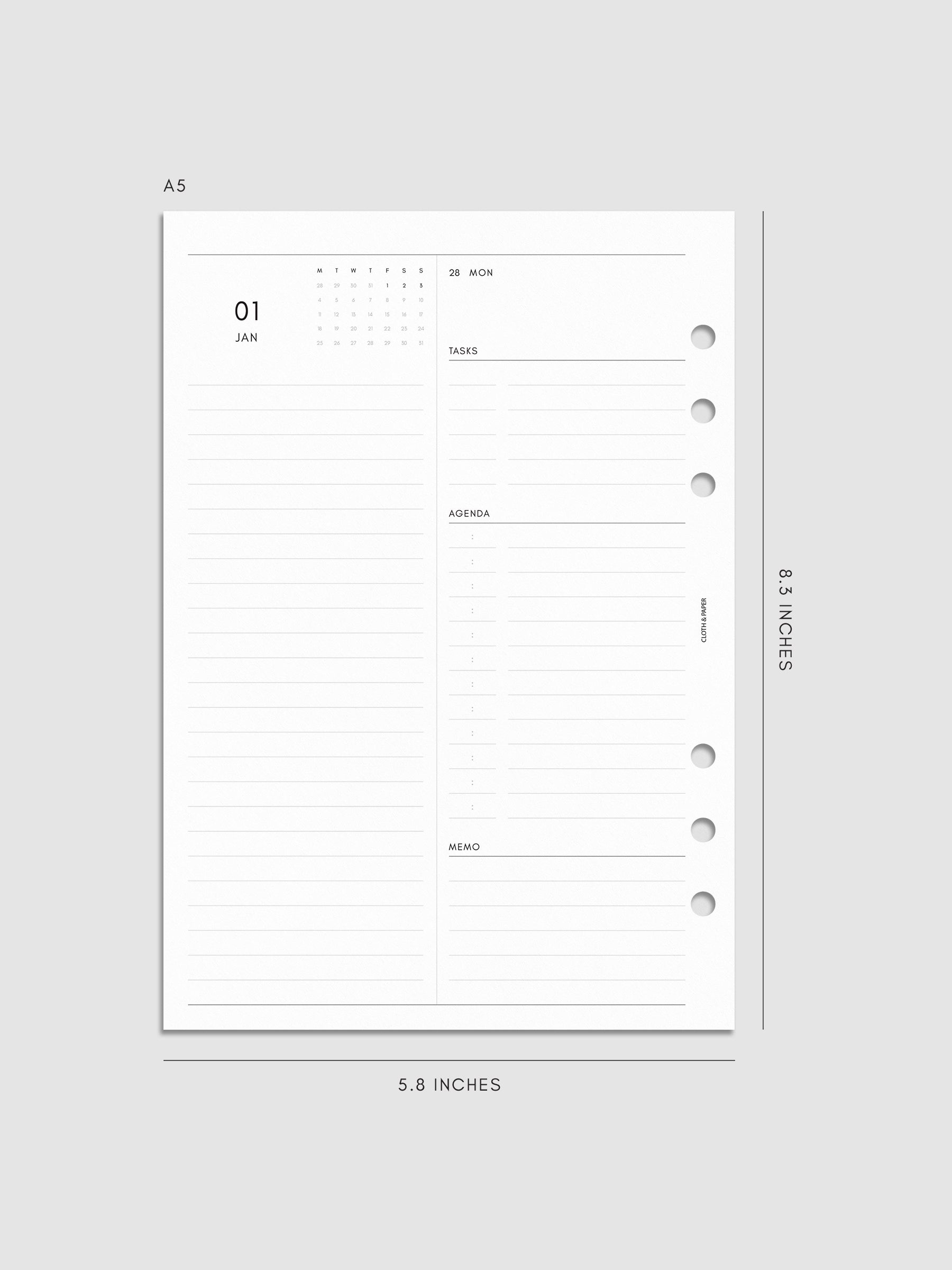 Left page layout of the 2027 Dated Daily Inserts | Monday Start in size A5 6-Ring Punch