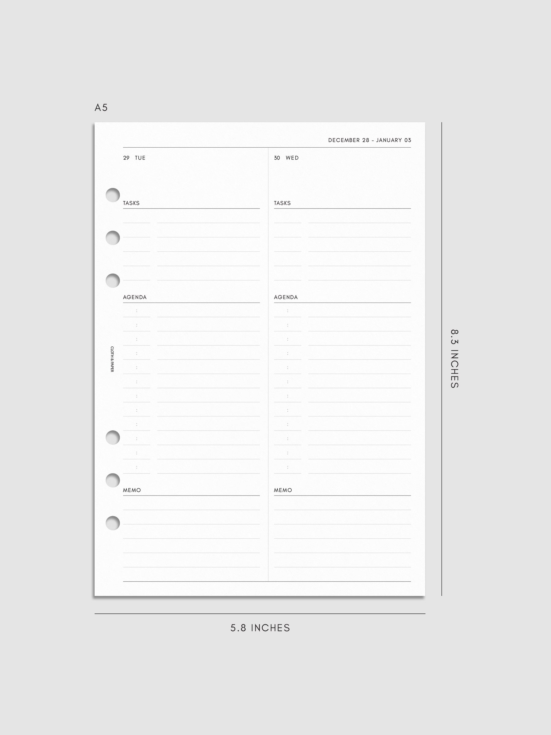 Right page layout of the 2027 Dated Daily Inserts | Monday Start in size A5 6-Ring Punch