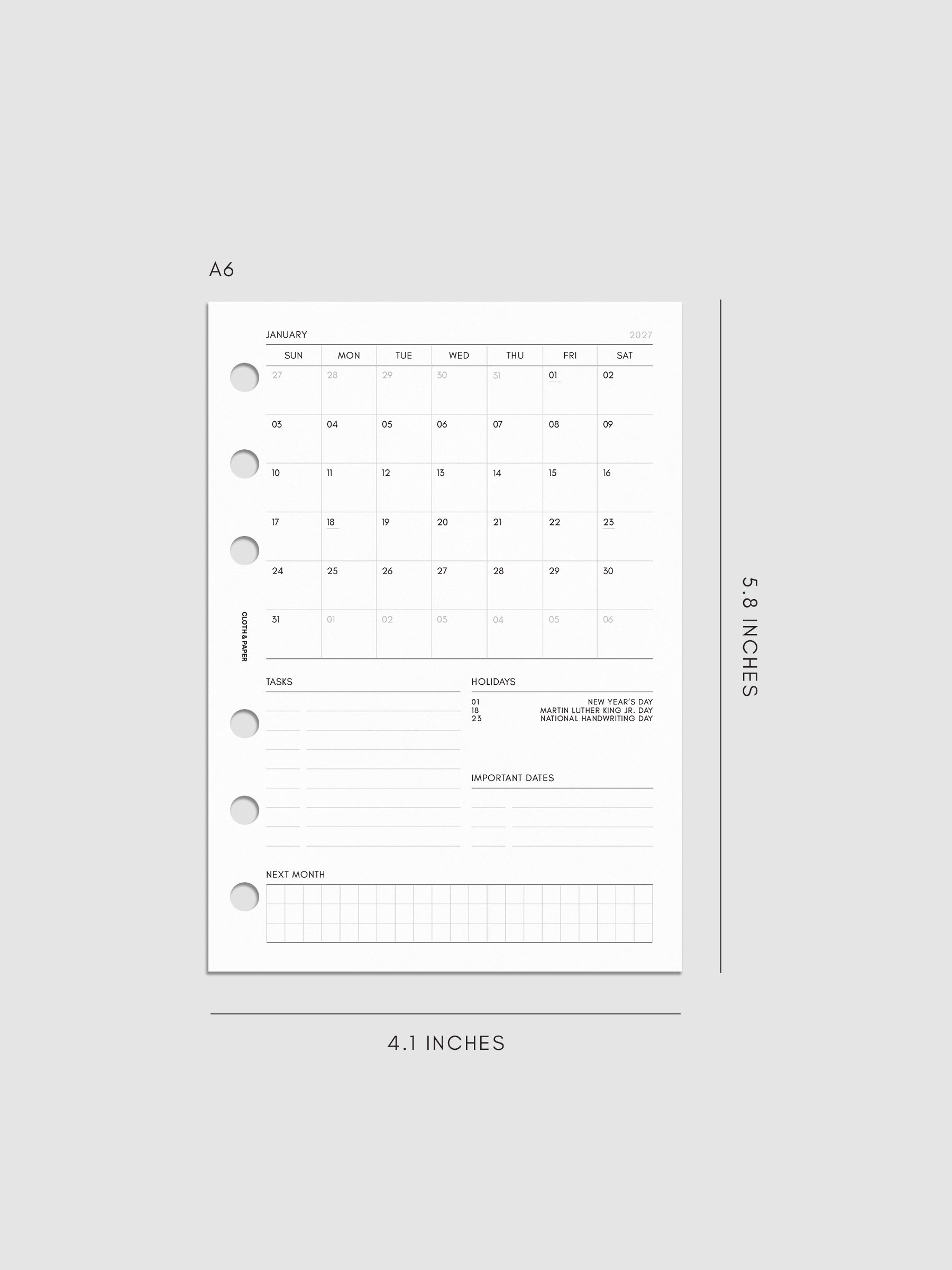 2027 Dated Monthly Admin Inserts in A6 6-Ring Punch size, shown as a styled flat lay mockup.
