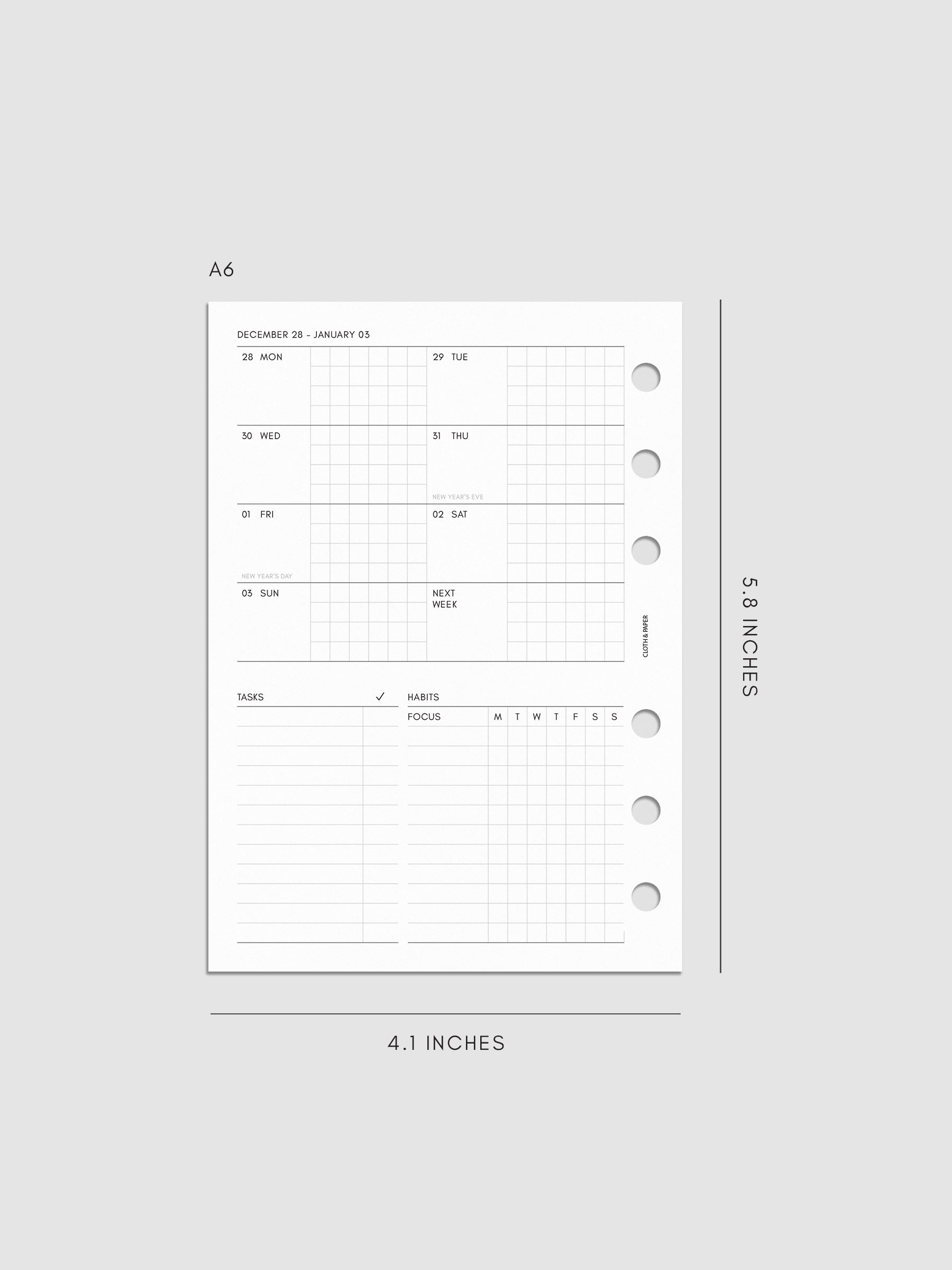 Digital mockup of the left page of the 2027 Dated Weekly Admin insert in A6 6-Ring Punch size, showing the weekly overview with sections for tasks and habit tracking