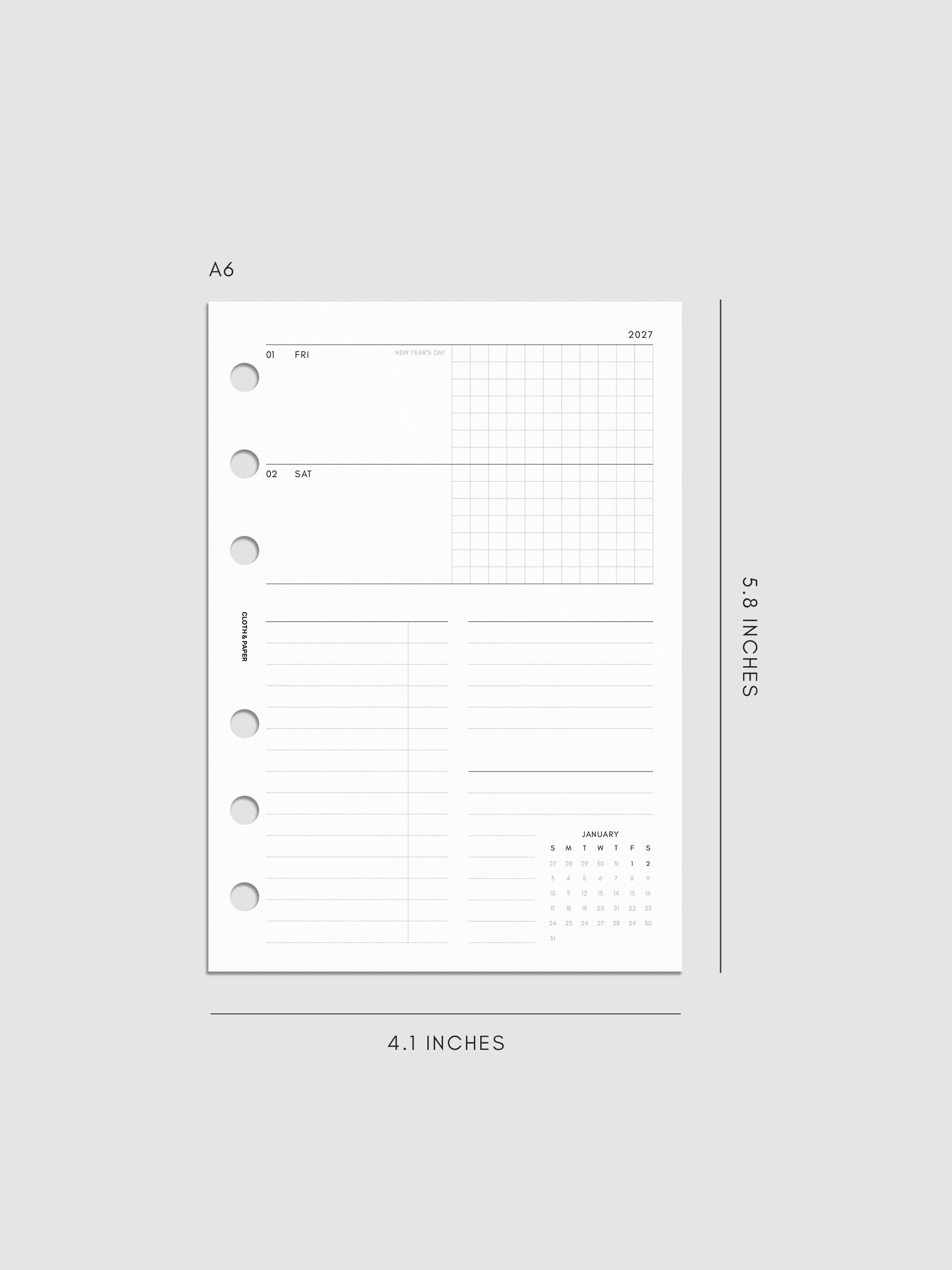 Mockup of the 2027 Dated Weekly Horizontal Planner Inserts | Sunday Start right page shown in size A6 6-Ring Punch