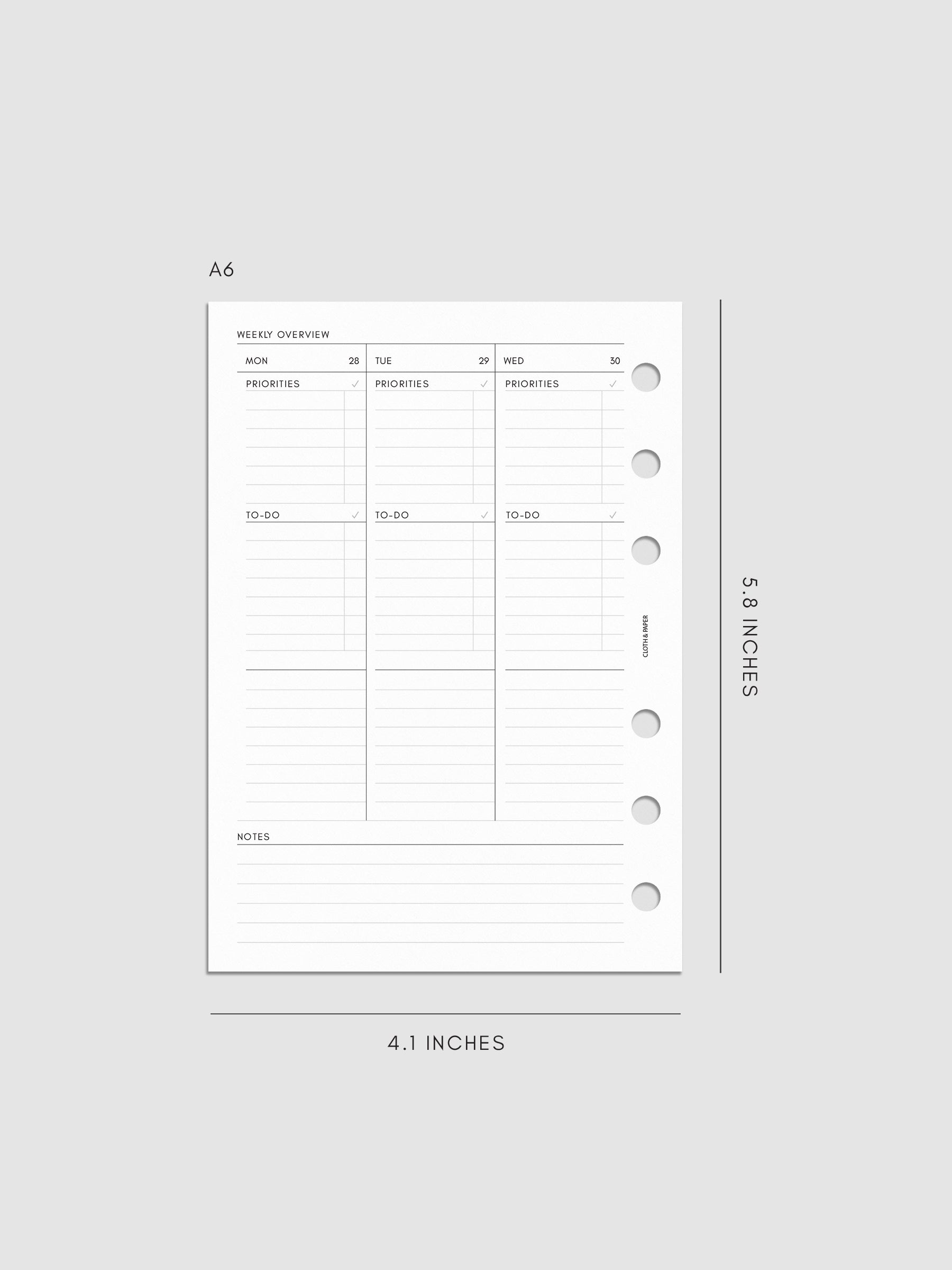 2027 Dated Weekly Task Planner Inserts, Monday Start, A6 6-Ring Punch, left page of weekly spread showing vertical columns for Monday through Wednesday with labeled priorities, to-do, and open notes sections