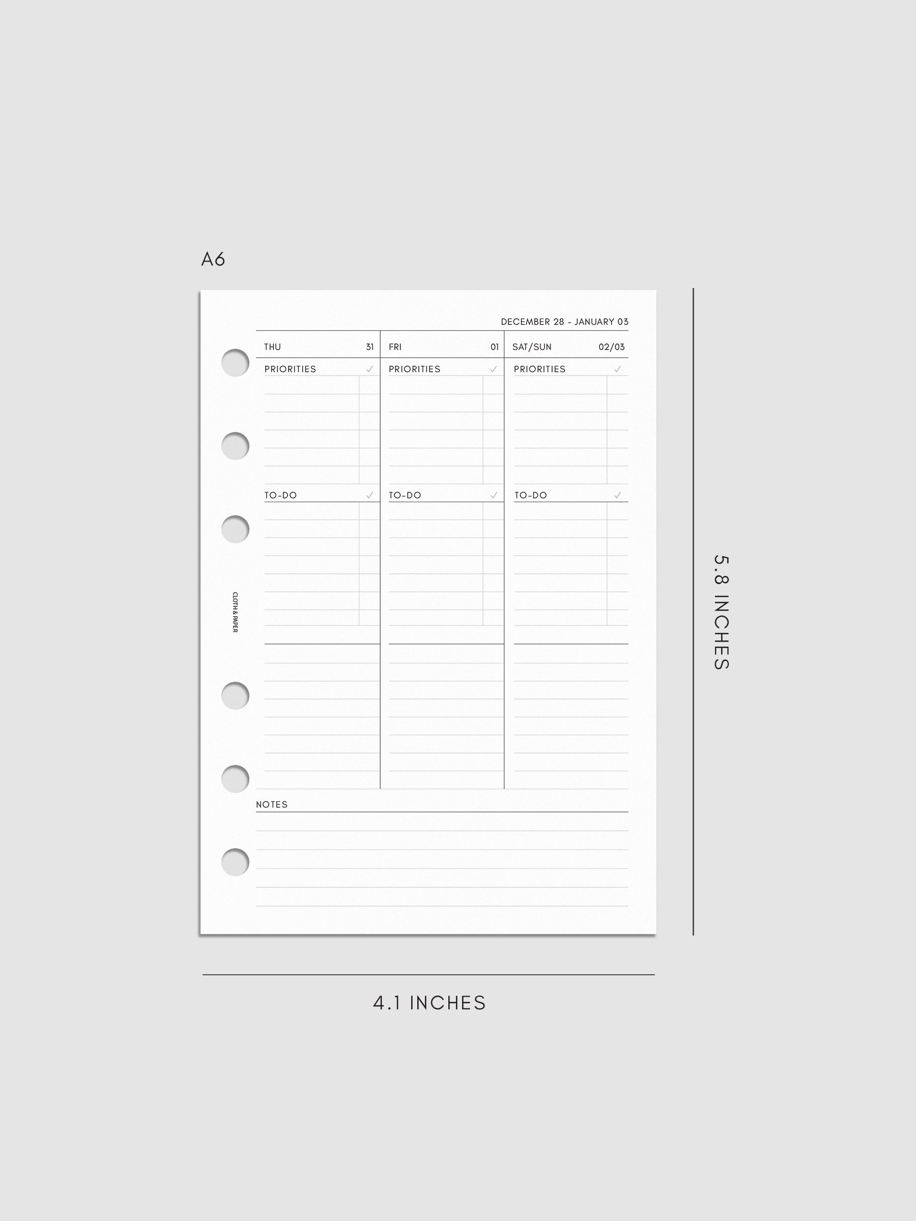 2027 Dated Weekly Task Planner Inserts, Monday Start, A6 6-Ring Punch, right page of weekly spread showing vertical columns for Thursday and Friday alongside a combined Saturday and Sunday column, with labeled priorities, to-do, and open notes sections, and weekly notes section along the bottom