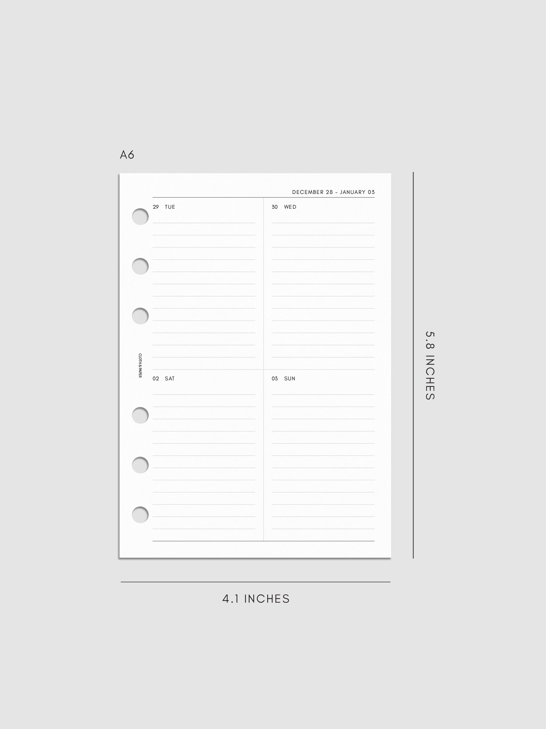 2027 Dated Weekly Vertical Planner Inserts, Monday Start, A6 6-Ring Punch, right page of weekly spread showing a two-column two-row daily grid with lined sections throughout