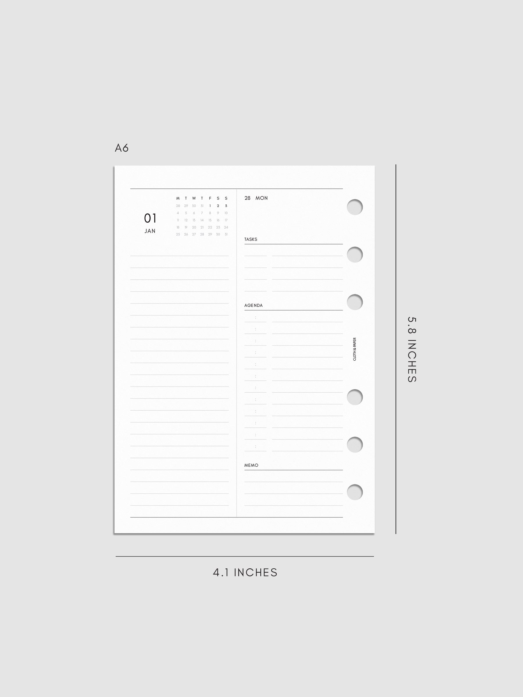 Left page layout of the 2027 Dated Daily Inserts | Monday Start in size A6 6-Ring Punch