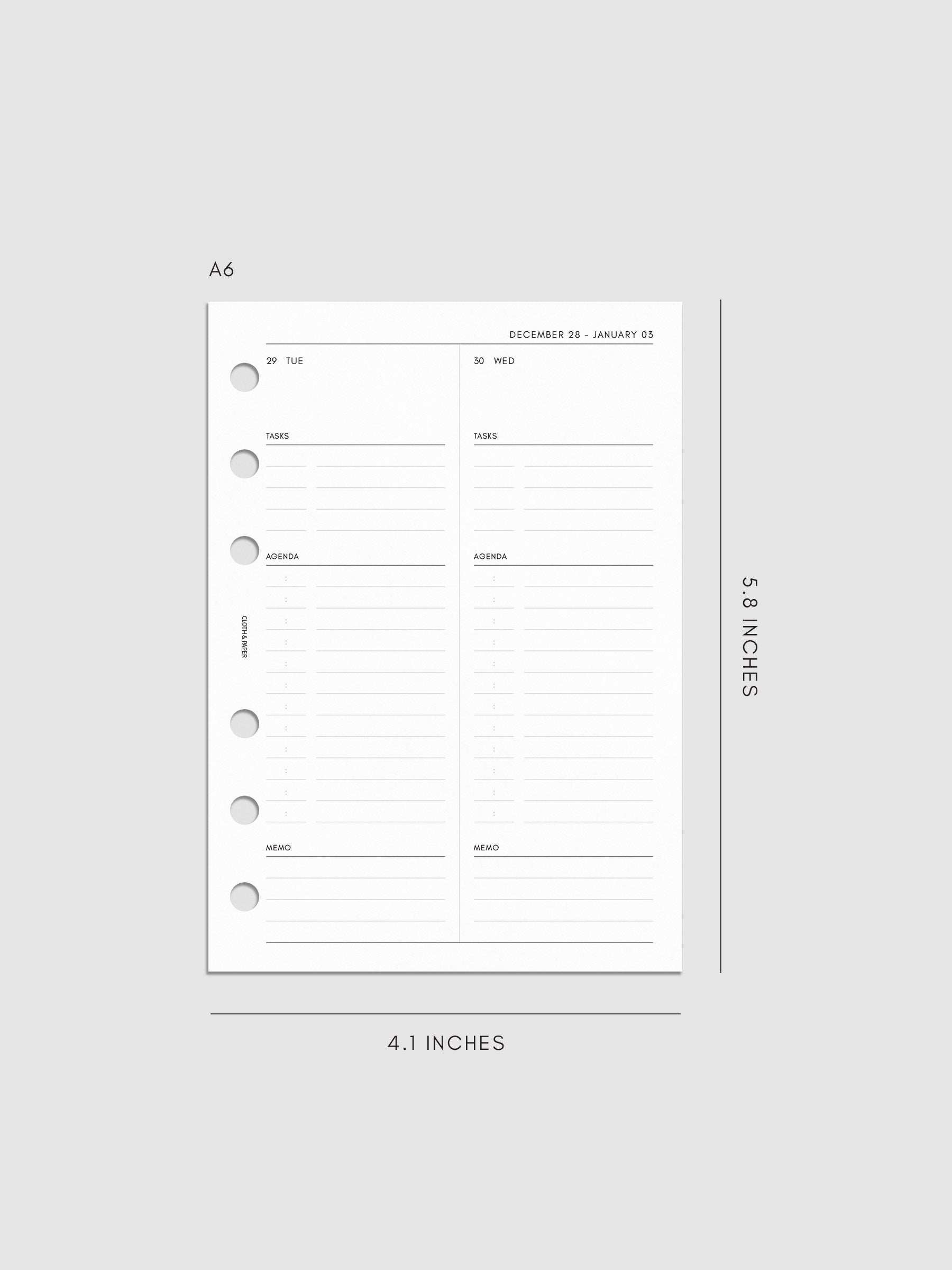 Right page layout of the 2027 Dated Daily Inserts | Monday Start in size A6 6-Ring Punch