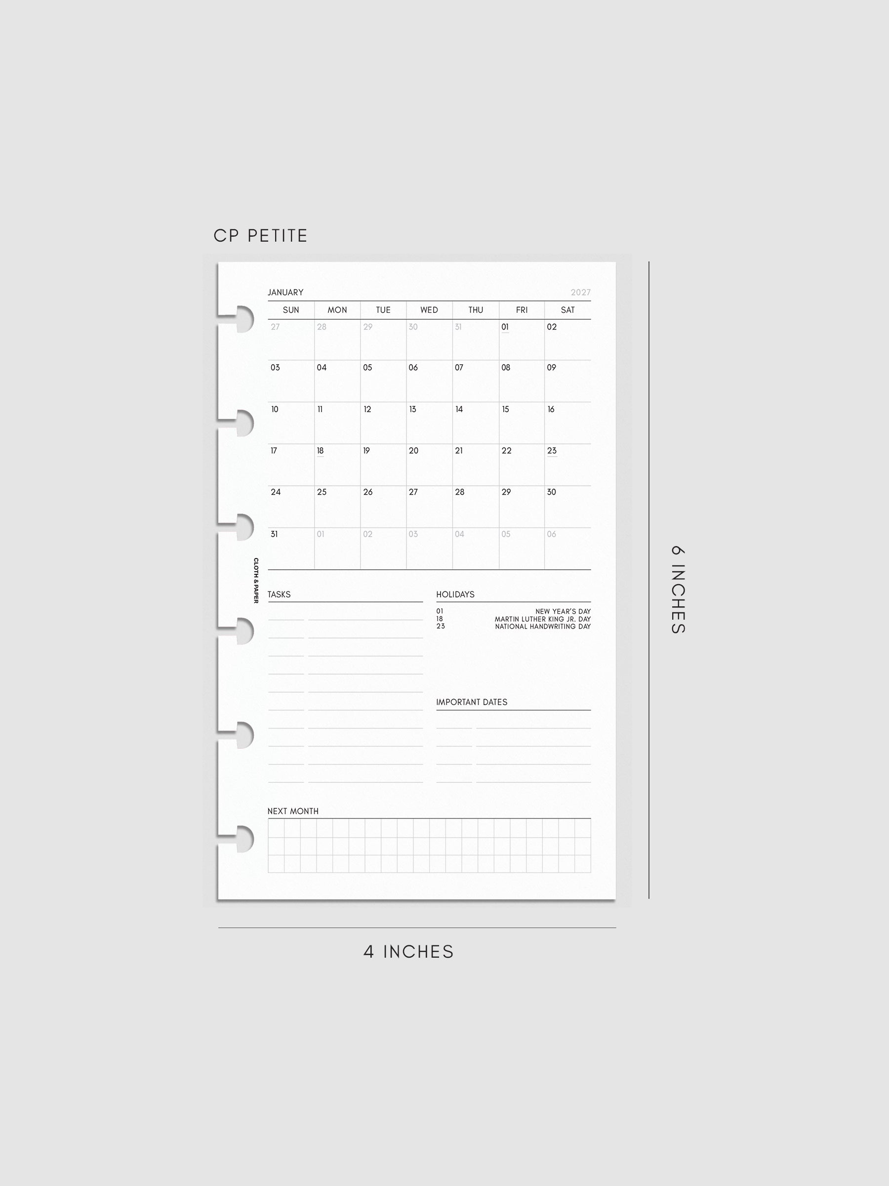 2027 Dated Monthly Admin Inserts in CP Petite 6-Disc Punch size, shown as a styled flat lay mockup.