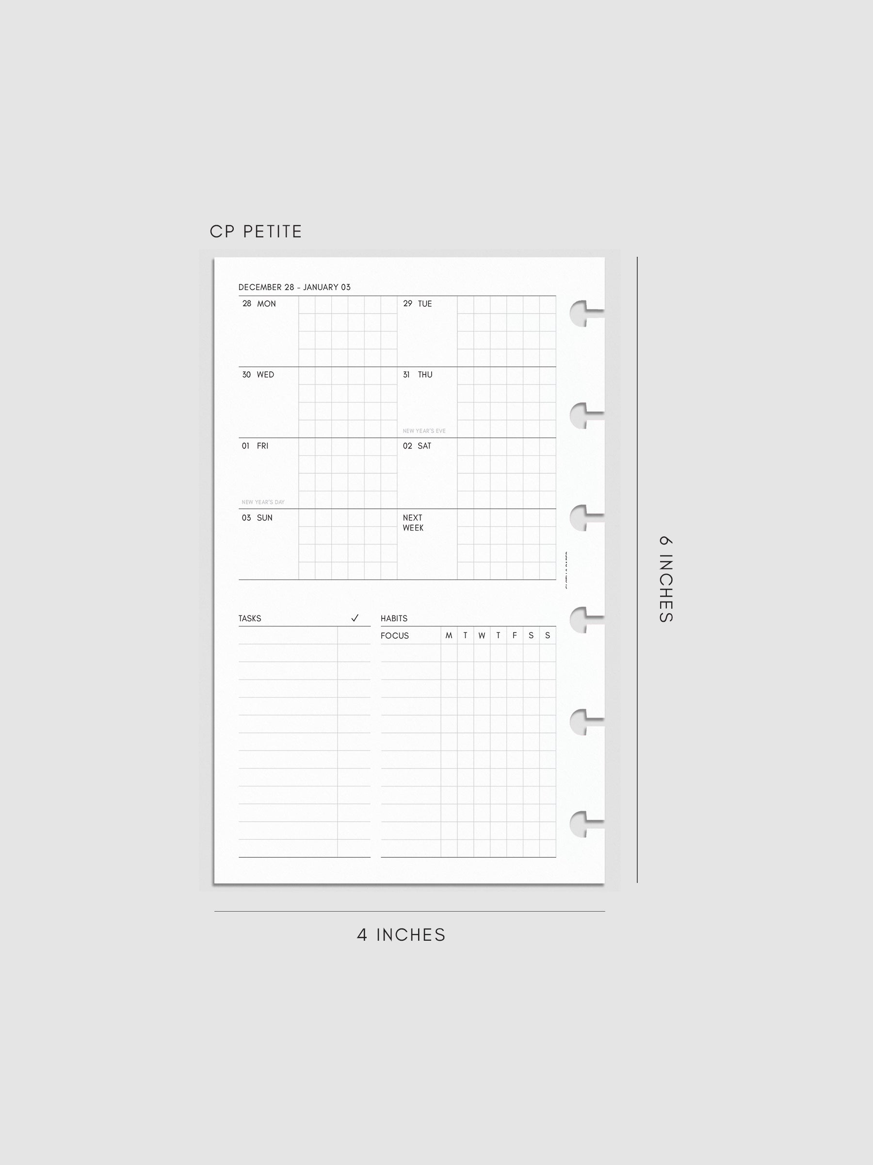 Digital mockup of the left page of the 2027 Dated Weekly Admin insert in CP Petite 6-Disc Punch size, showing the weekly overview with sections for tasks and habit tracking