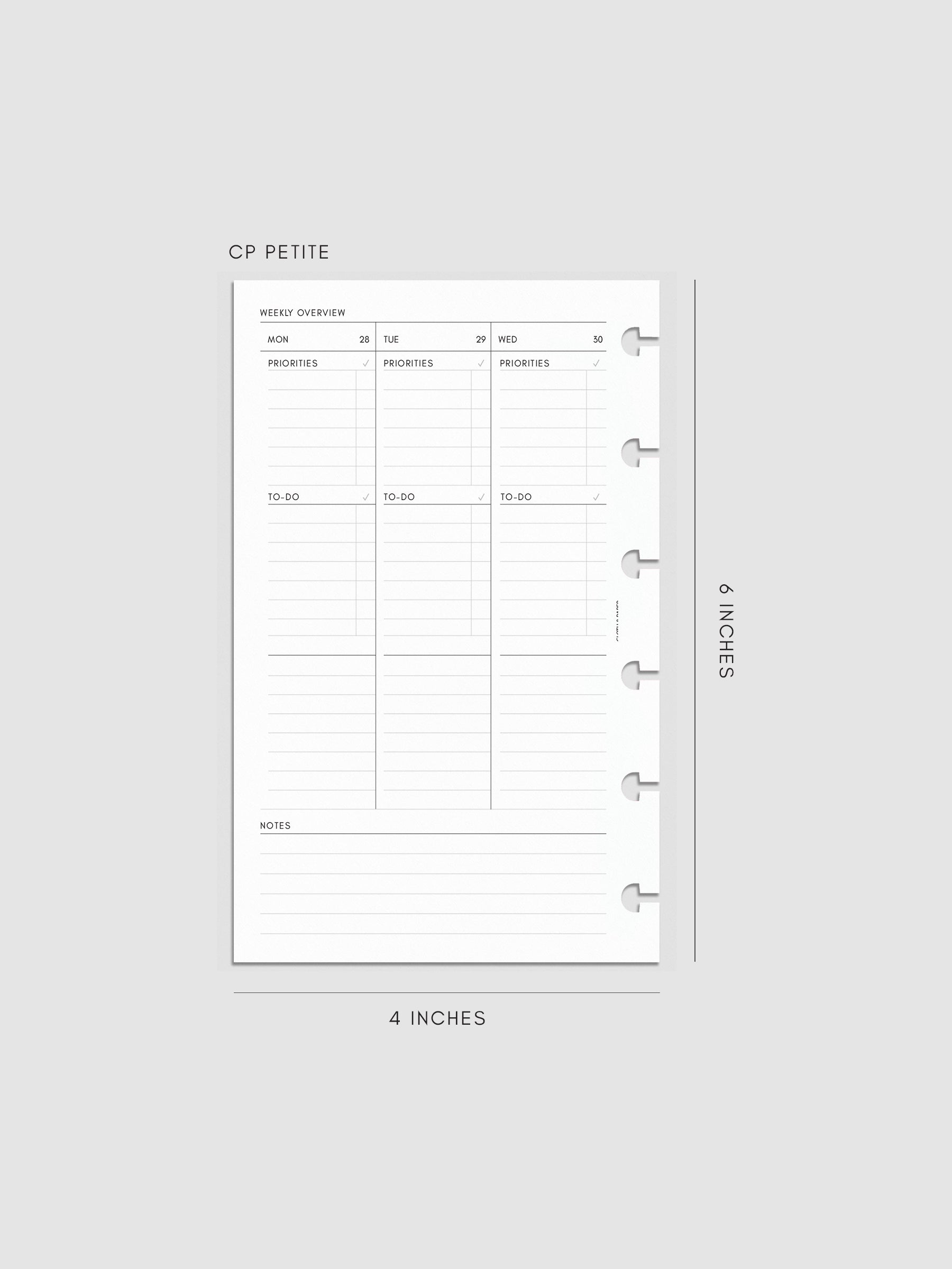2027 Dated Weekly Task Planner Inserts, Monday Start, CP Petite 6-Disc Punch, left page of weekly spread showing vertical columns for Monday through Wednesday with labeled priorities, to-do, and open notes sections