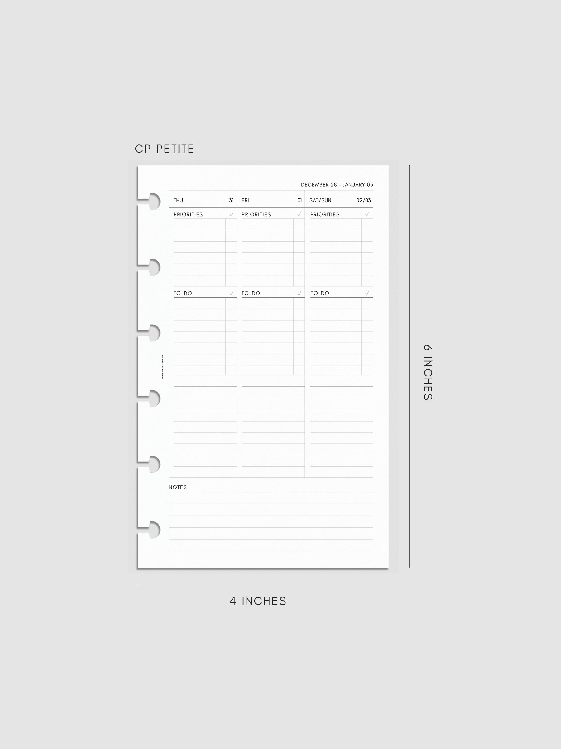 2027 Dated Weekly Task Planner Inserts, Monday Start, CP Petite 6-Disc Punch, right page of weekly spread showing vertical columns for Thursday and Friday alongside a combined Saturday and Sunday column, with labeled priorities, to-do, and open notes sections, and weekly notes section along the bottom