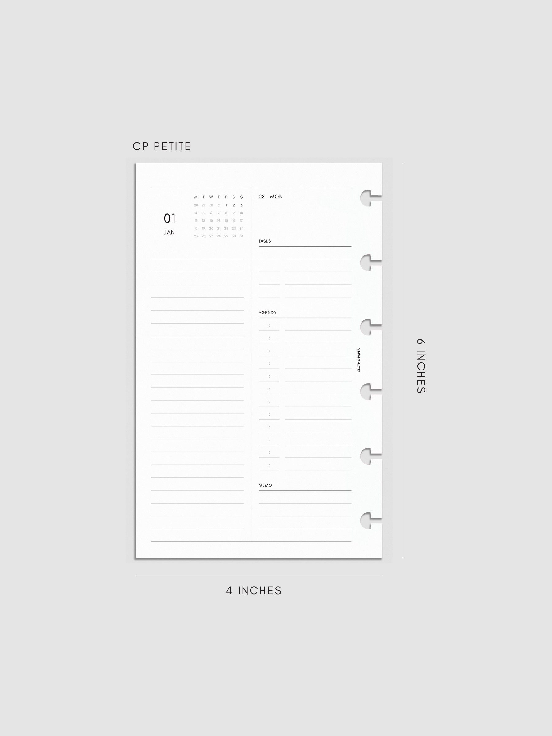 Left page layout of the 2027 Dated Daily Inserts | Monday Start in size CP Petite 6-Disc Punch