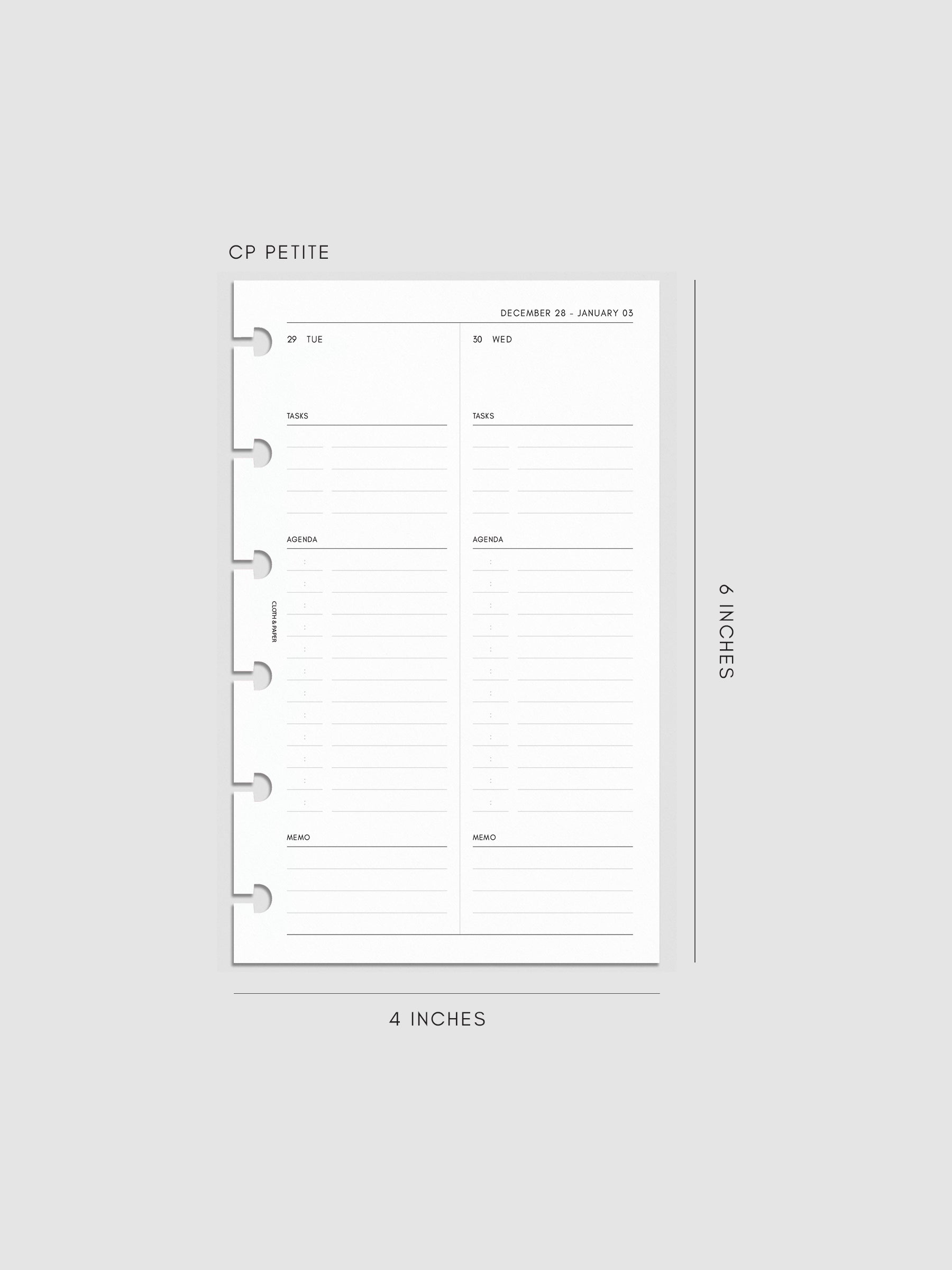 Right page layout of the 2027 Dated Daily Inserts | Monday Start in size CP Petite 6-Disc Punch