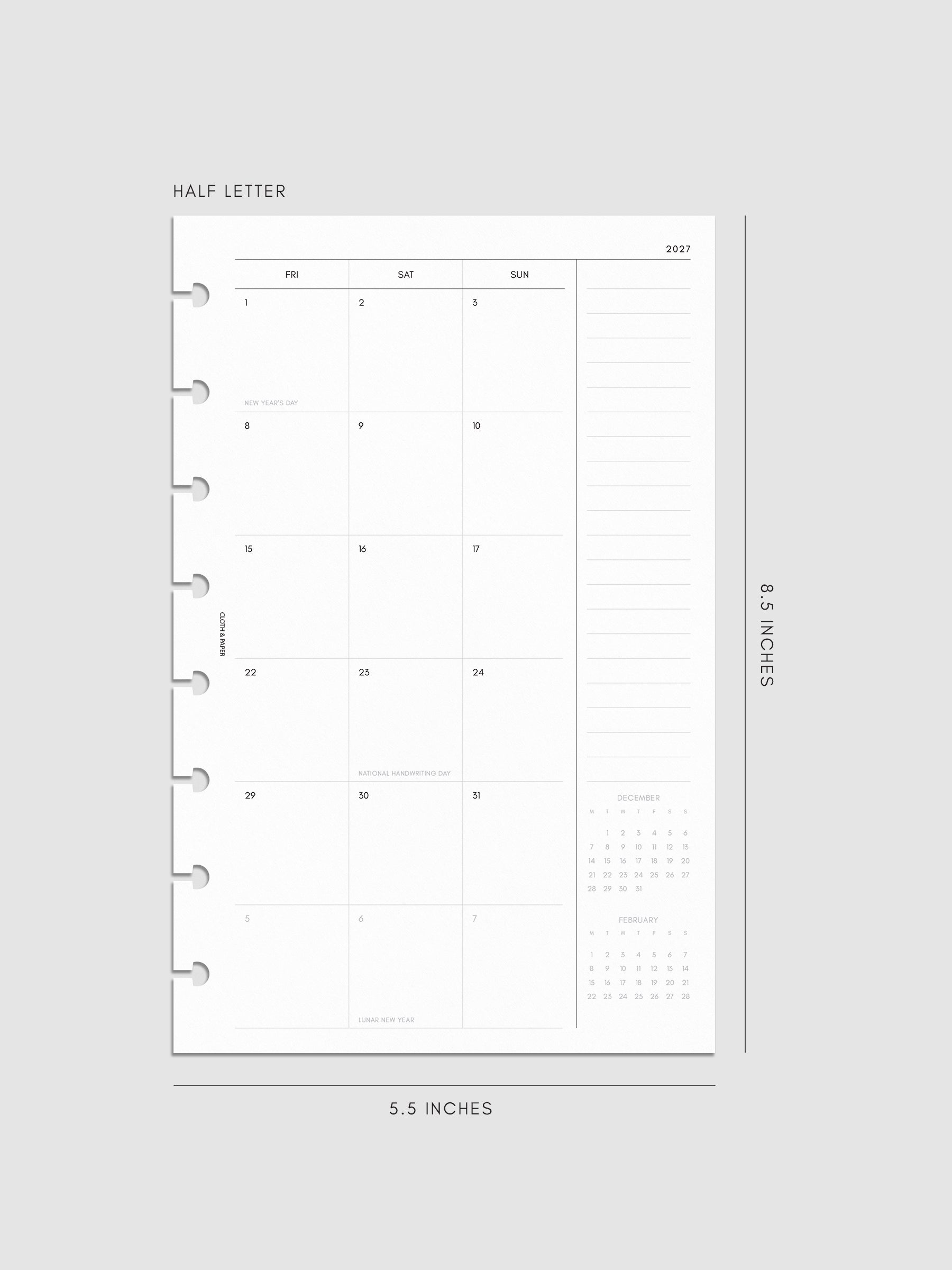 2027 Dated Monthly Planner Inserts, Monday Start, Half Letter 8-Disc Punch, right page of two-page monthly calendar spread with notes column and mini calendars in the bottom right corner shown inside a planner