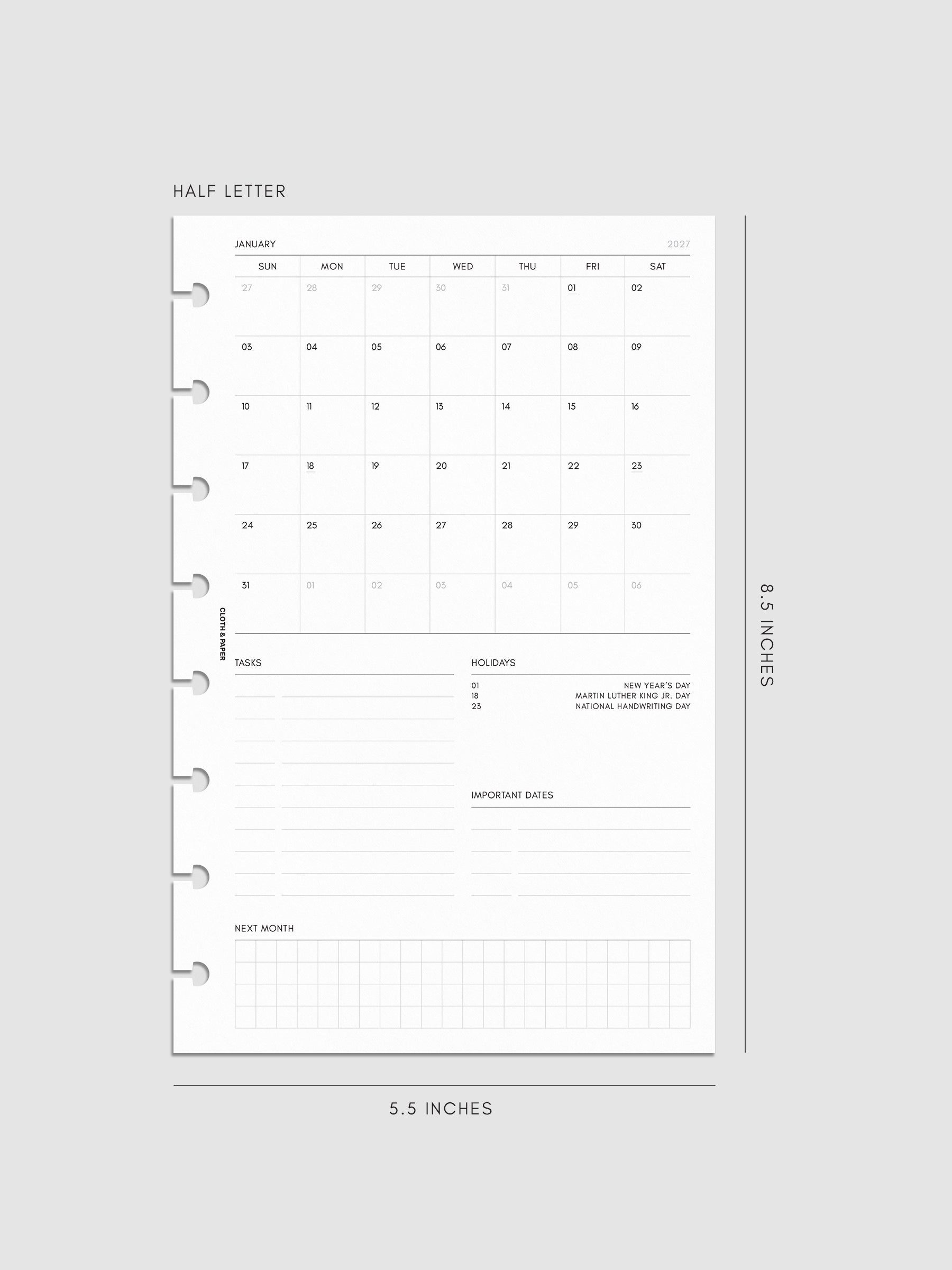2027 Dated Monthly Admin Inserts in Half Letter 8-Disc Punch size, shown as a styled flat lay mockup.