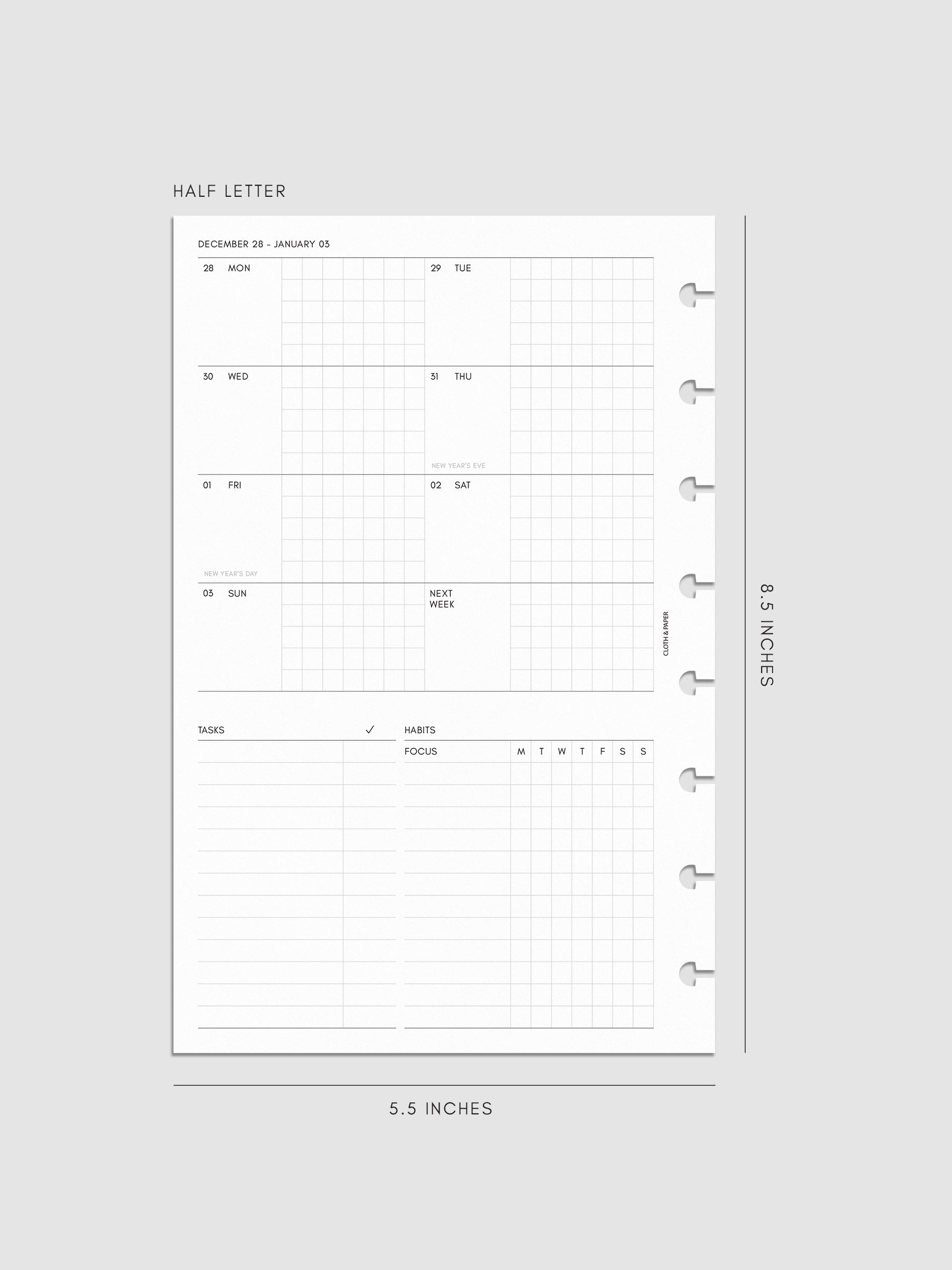 Digital mockup of the left page of the 2027 Dated Weekly Admin insert in Half Letter 8-Disc Punch size, showing the weekly overview with sections for tasks and habit tracking