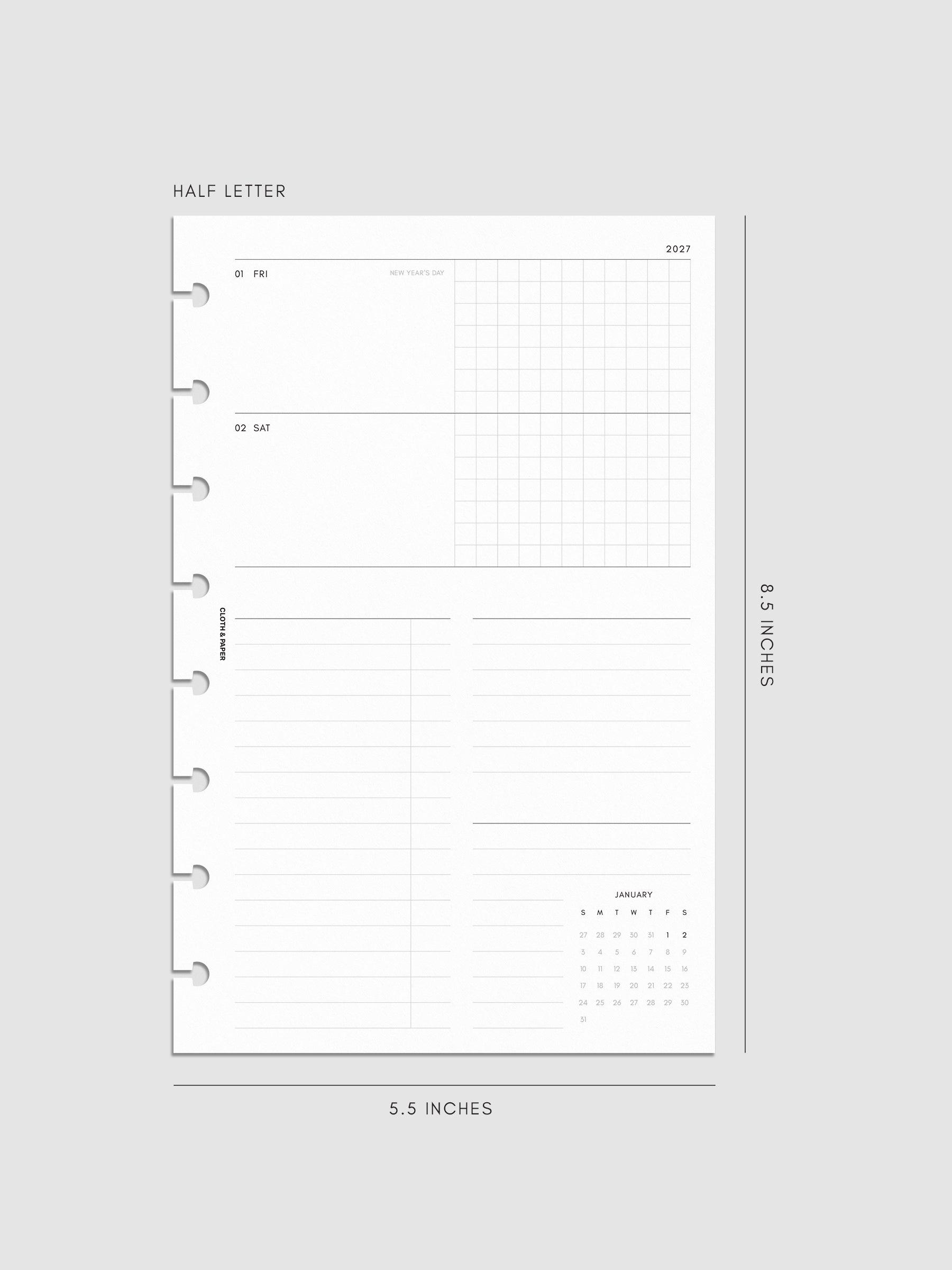 Mockup of the 2027 Dated Weekly Horizontal Planner Inserts | Sunday Start right page shown in size Half Letter 8-Disc Punch