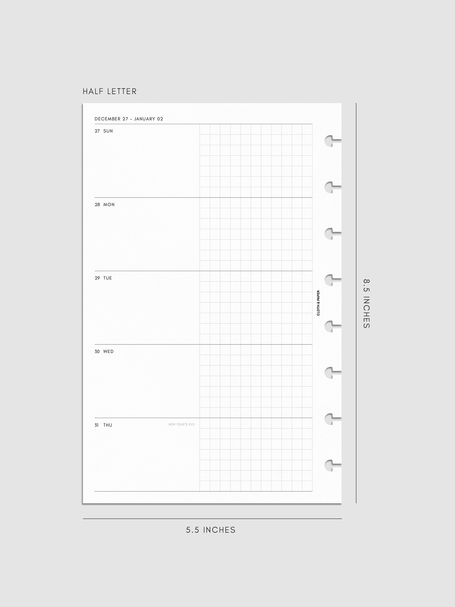 Mockup of the 2027 Dated Weekly Horizontal Planner Inserts | Sunday Start left page shown in size Half Letter 8-Disc Punch