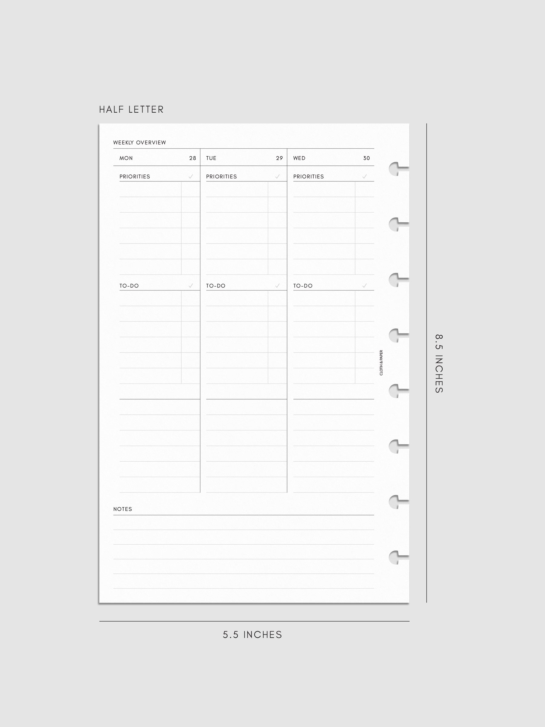2027 Dated Weekly Task Planner Inserts, Monday Start, Half Letter 8-Disc Punch, left page of weekly spread showing vertical columns for Monday through Wednesday with labeled priorities, to-do, and open notes sections