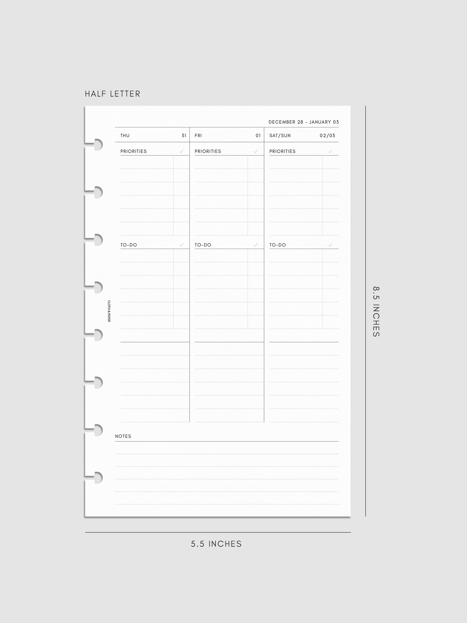 2027 Dated Weekly Task Planner Inserts, Monday Start, Half Letter 8-Disc Punch, right page of weekly spread showing vertical columns for Thursday and Friday alongside a combined Saturday and Sunday column, with labeled priorities, to-do, and open notes sections, and weekly notes section along the bottom