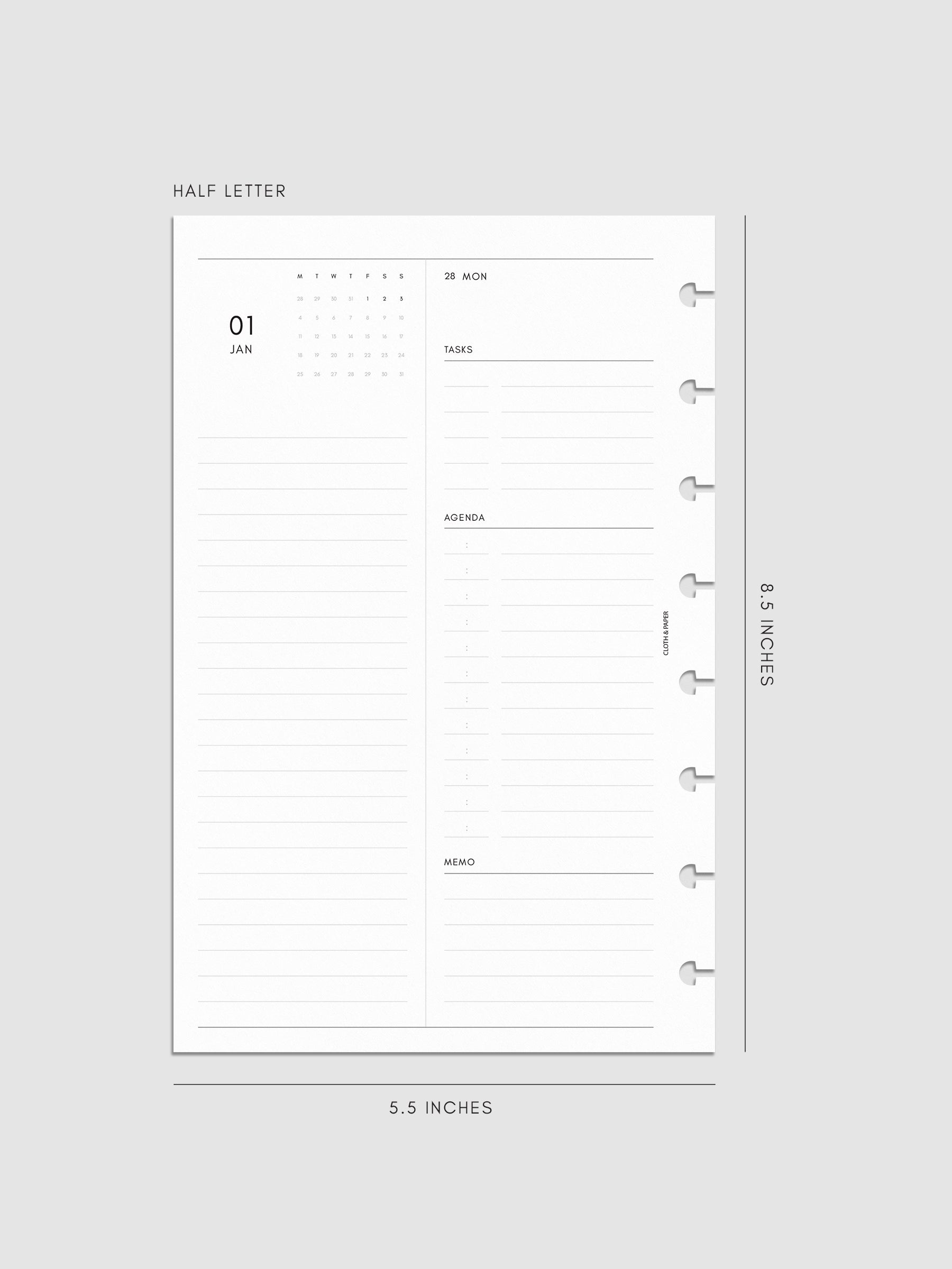 Left page layout of the 2027 Dated Daily Inserts | Monday Start in size Half Letter 8-Disc Punch
