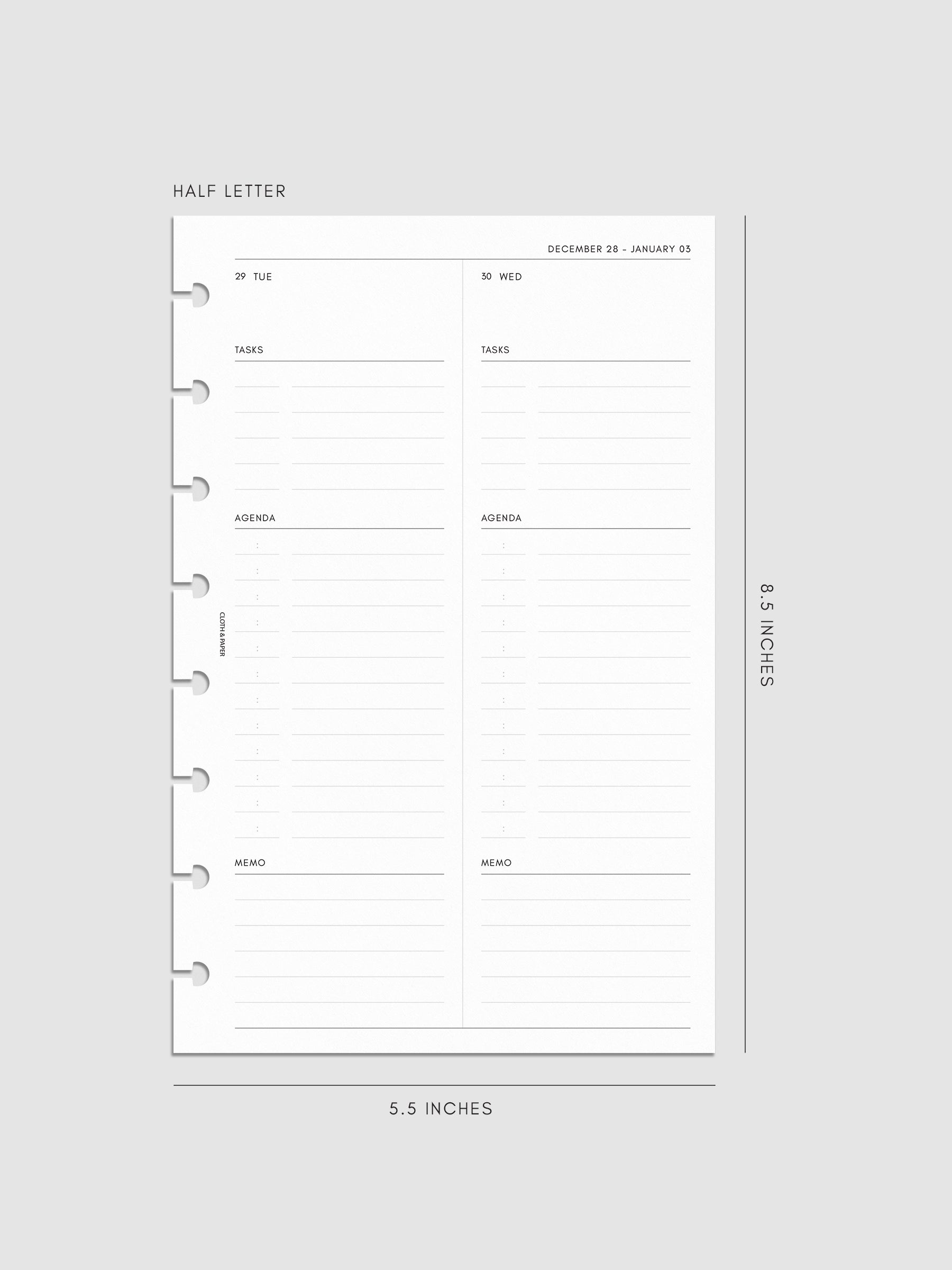 Right page layout of the 2027 Dated Daily Inserts | Monday Start in size Half Letter 8-Disc Punch