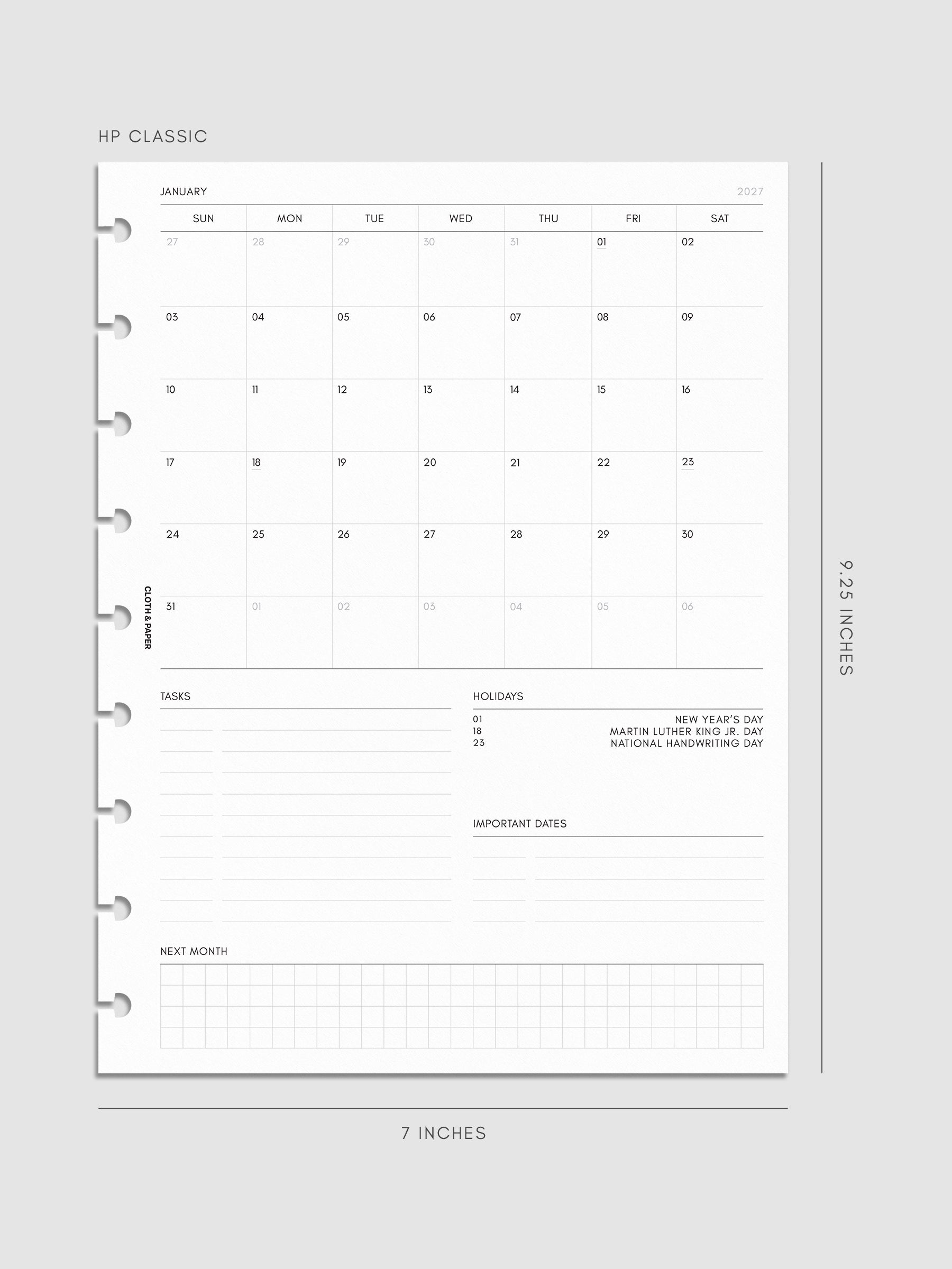 2027 Dated Monthly Admin Inserts in HP Classic 9-Disc Punch size, shown as a styled flat lay mockup.