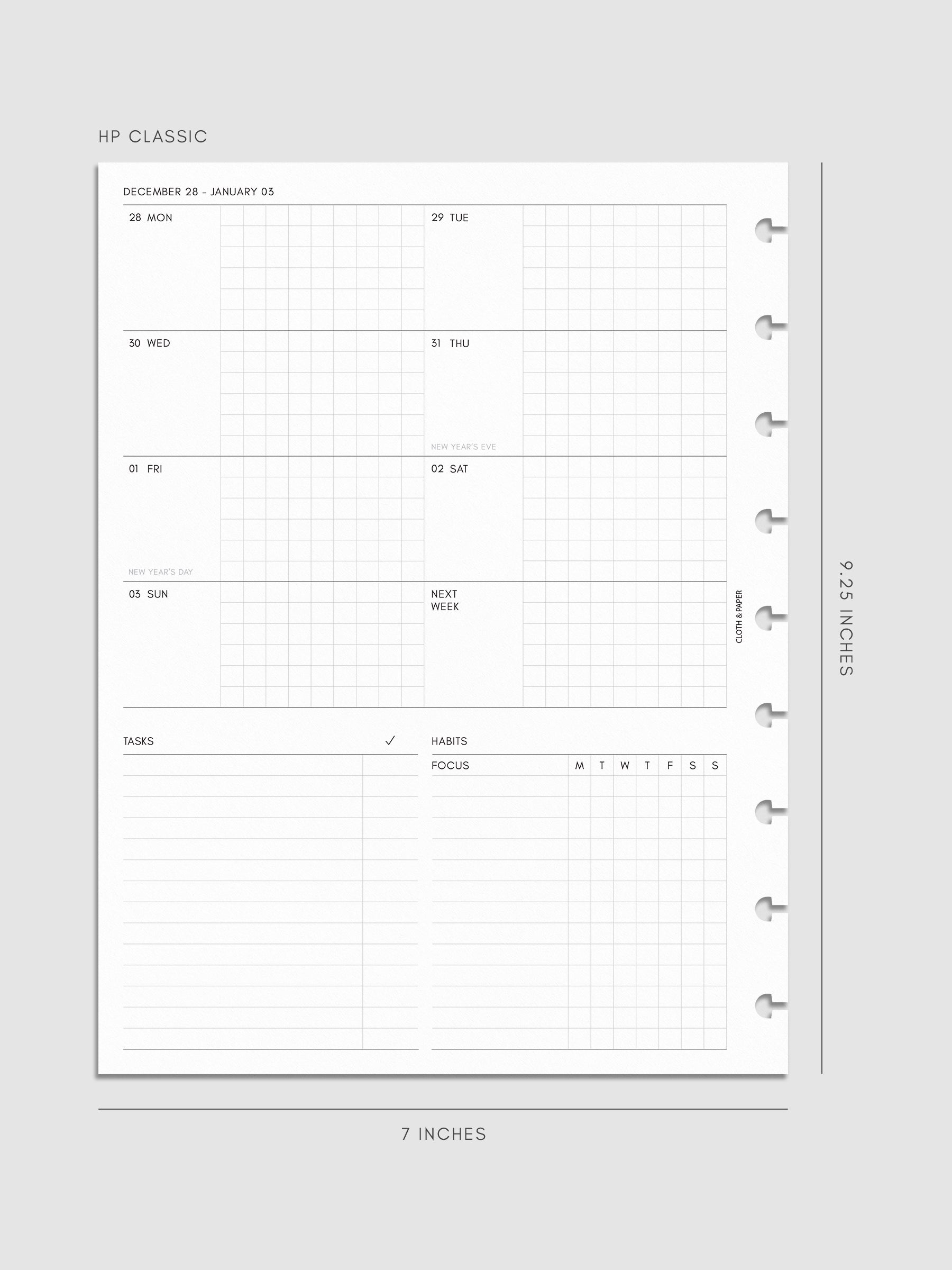 Digital mockup of the left page of the 2027 Dated Weekly Admin insert in HP Classic 9-Disc Punch size, showing the weekly overview with sections for tasks and habit tracking