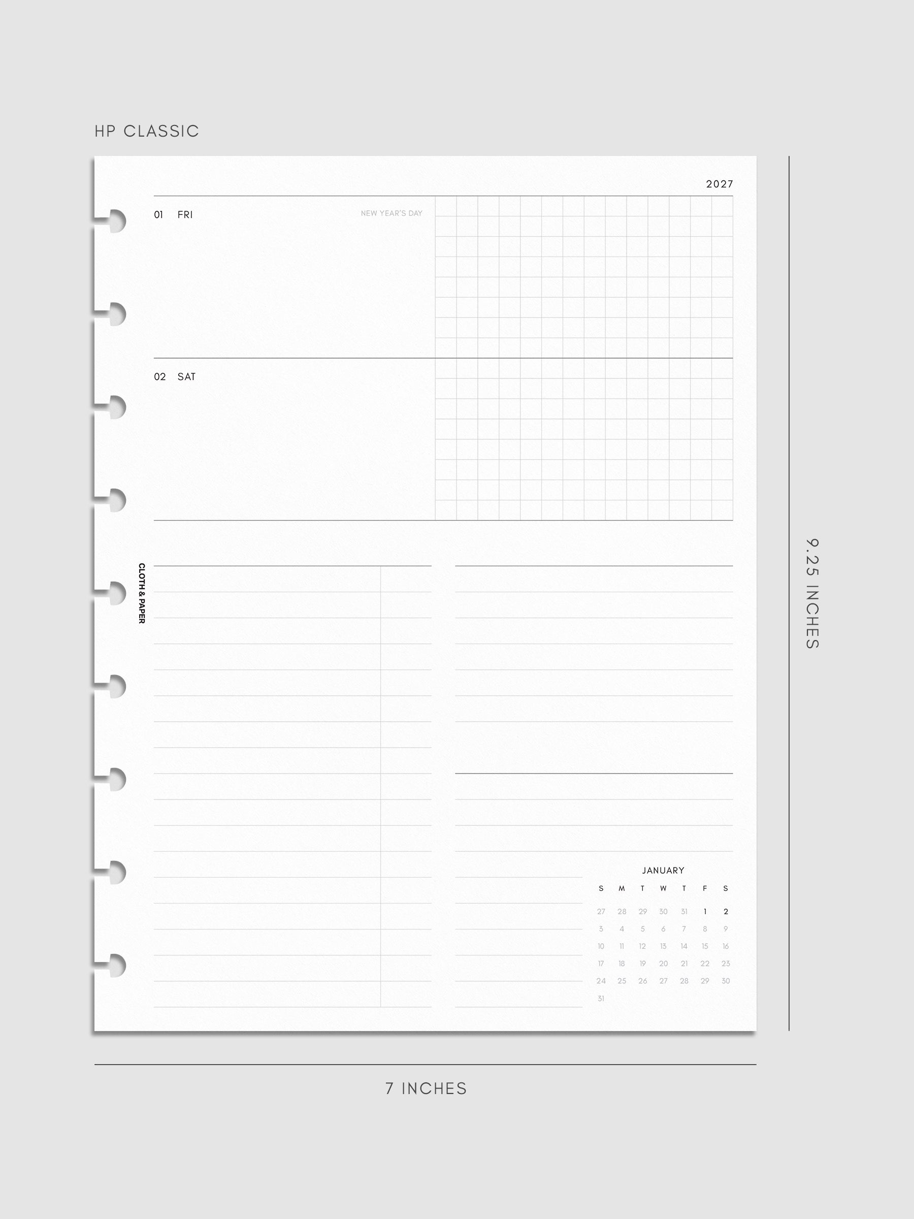 Mockup of the 2027 Dated Weekly Horizontal Planner Inserts | Sunday Start right page shown in size HP Classic 9-Disc Punch