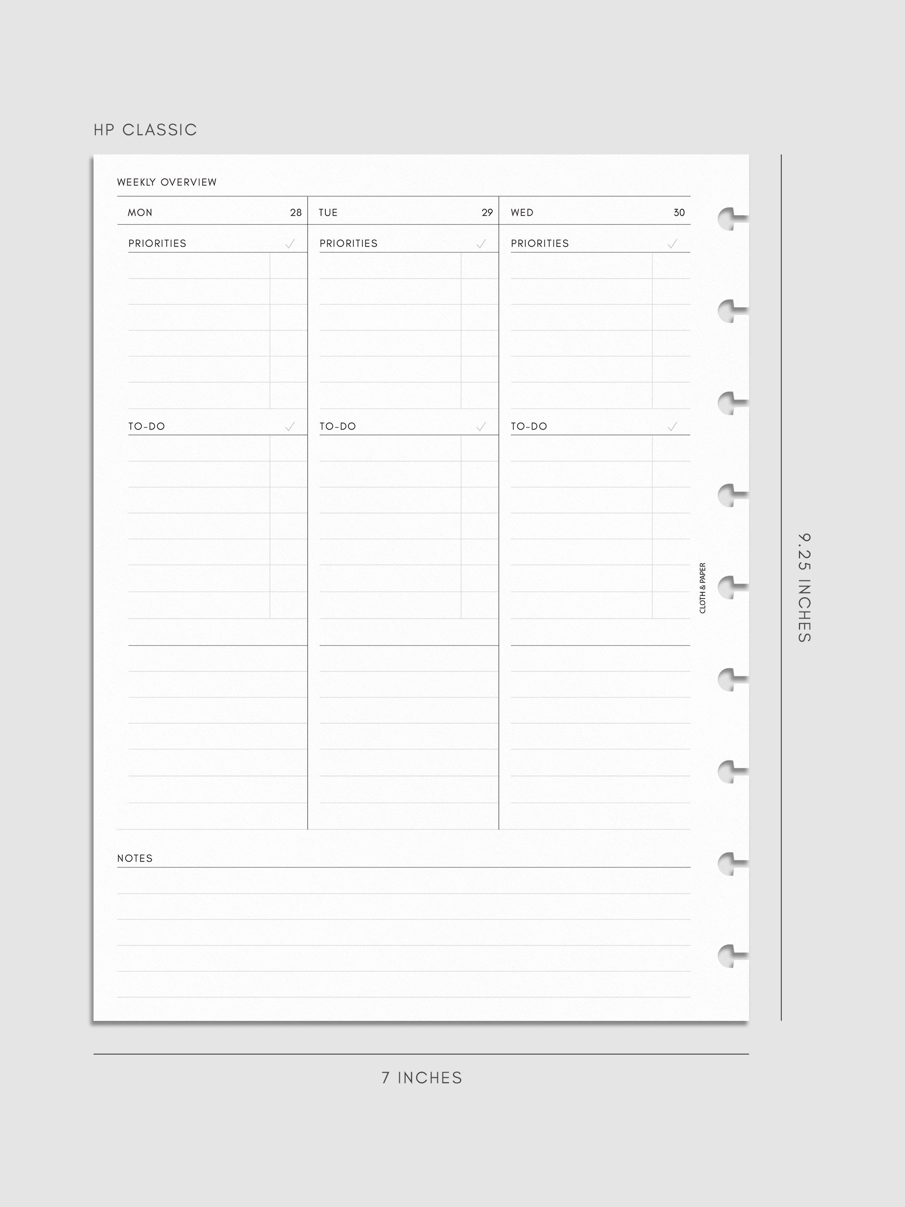 2027 Dated Weekly Task Planner Inserts, Monday Start, HP Classic 9-Disc Punch, left page of weekly spread showing vertical columns for Monday through Wednesday with labeled priorities, to-do, and open notes sections
