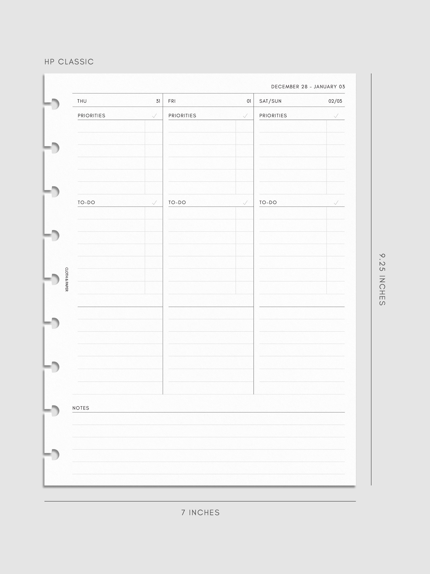 2027 Dated Weekly Task Planner Inserts, Monday Start, HP Classic 9-Disc Punch, right page of weekly spread showing vertical columns for Thursday and Friday alongside a combined Saturday and Sunday column, with labeled priorities, to-do, and open notes sections, and weekly notes section along the bottom