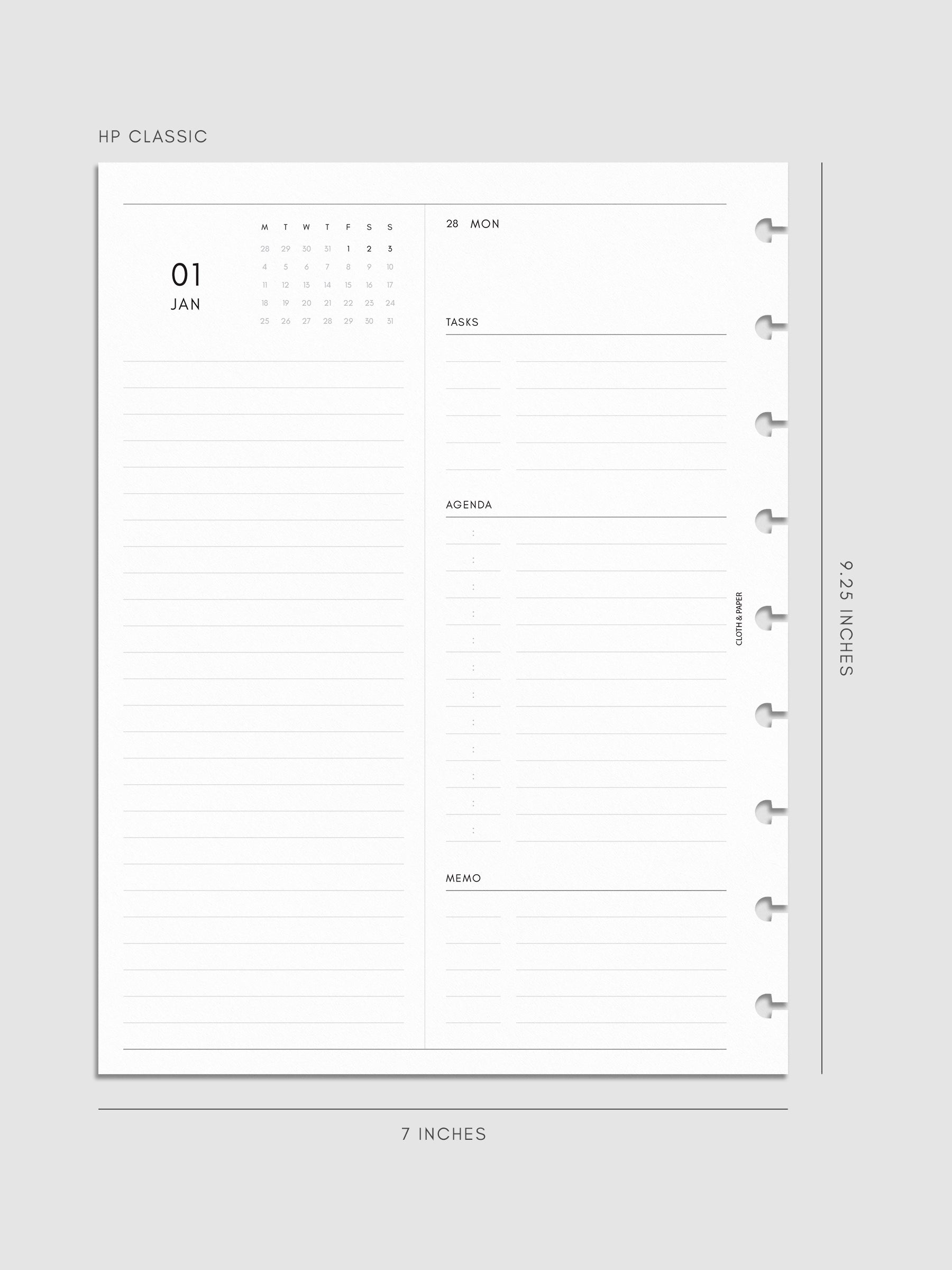 Left page layout of the 2027 Dated Daily Inserts | Monday Start in size HP Classic 9-Disc Punch