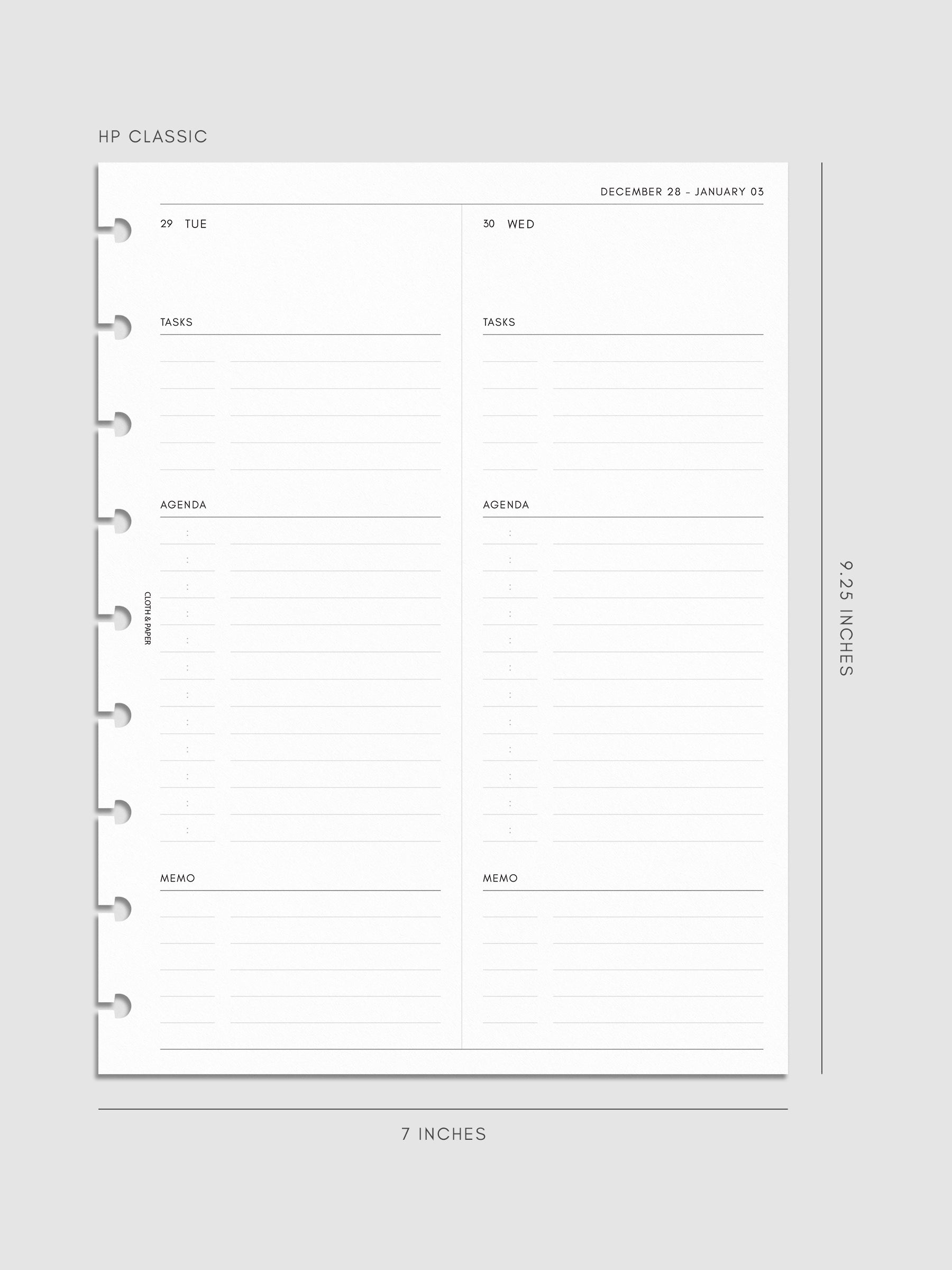 Right page layout of the 2027 Dated Daily Inserts | Monday Start in size HP Classic 9-Disc Punch