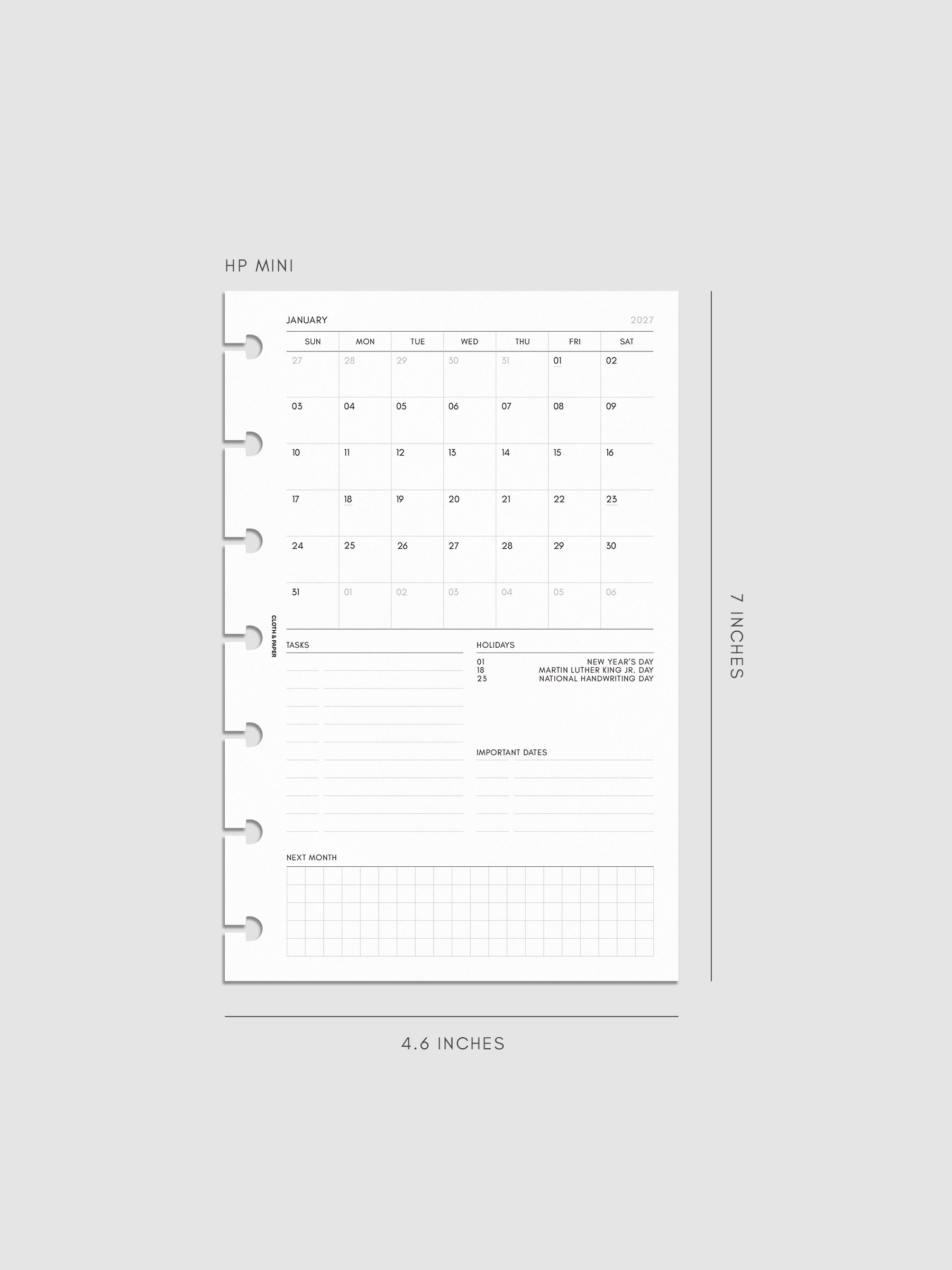 2027 Dated Monthly Admin Inserts in HP Mini 7-Disc Punch size, shown as a styled flat lay mockup.