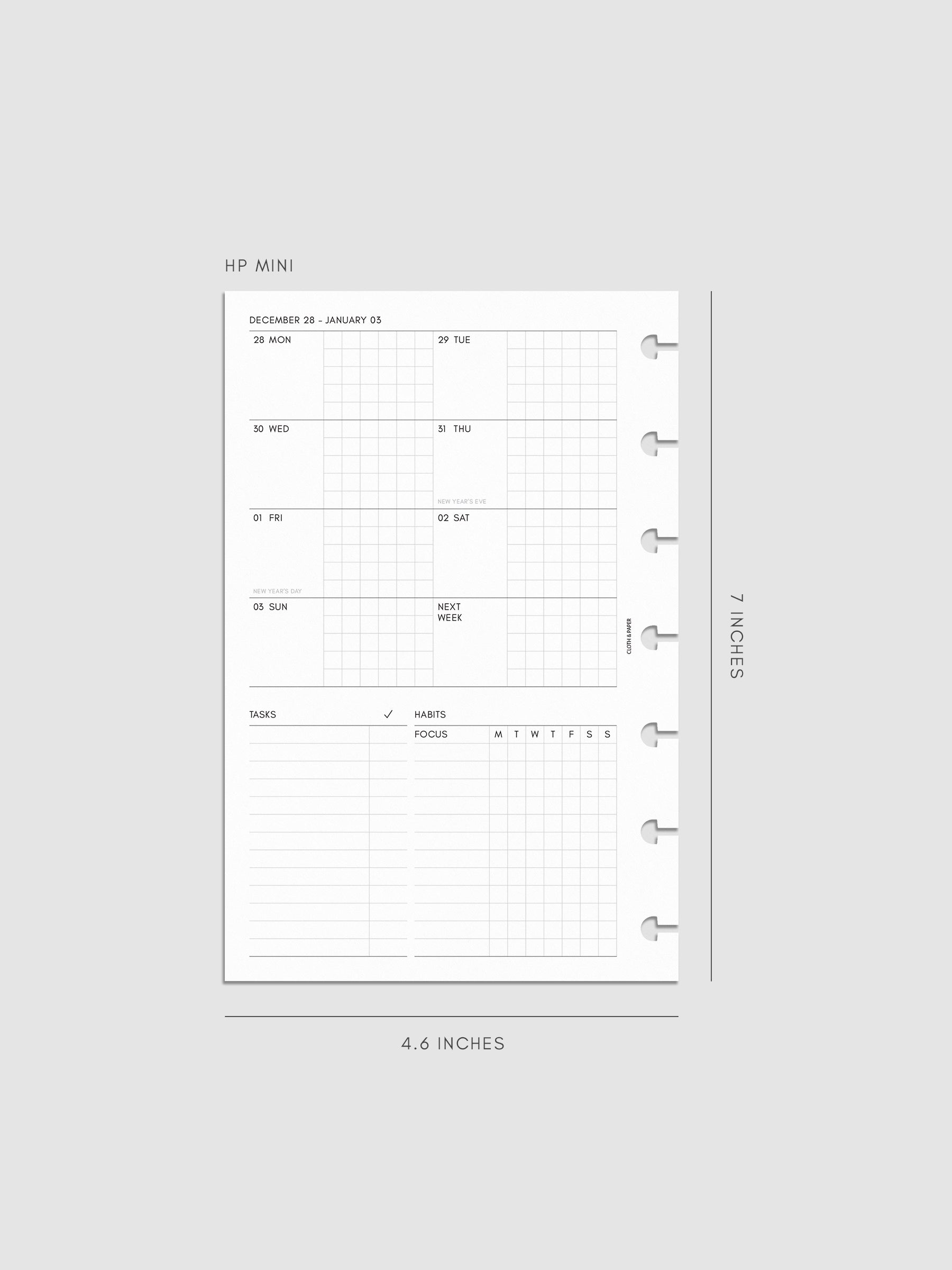 Digital mockup of the left page of the 2027 Dated Weekly Admin insert in HP Mini 7-Disc Punch size, showing the weekly overview with sections for tasks and habit tracking