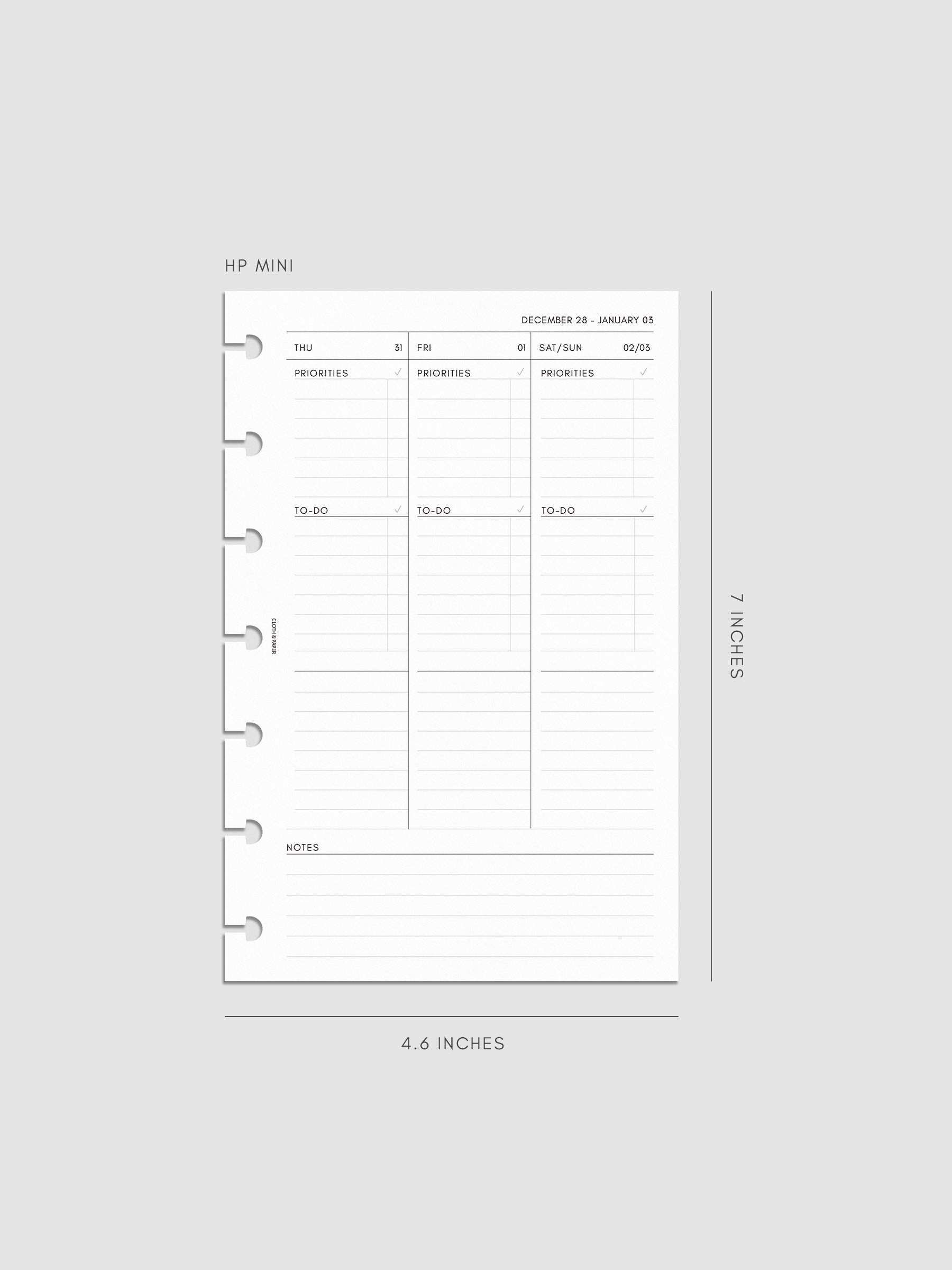 2027 Dated Weekly Task Planner Inserts, Monday Start, HP Mini 7-Disc Punch, right page of weekly spread showing vertical columns for Thursday and Friday alongside a combined Saturday and Sunday column, with labeled priorities, to-do, and open notes sections, and weekly notes section along the bottom