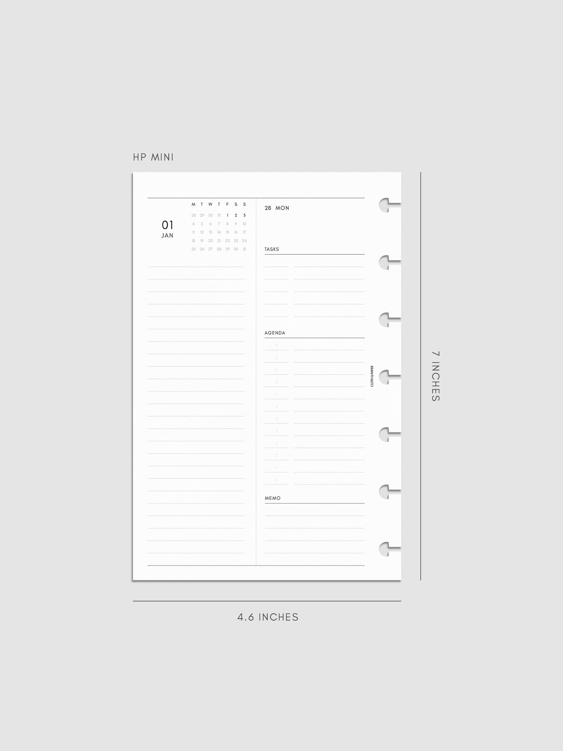 Left page layout of the 2027 Dated Daily Inserts | Monday Start in size HP Mini 7-Disc Punch