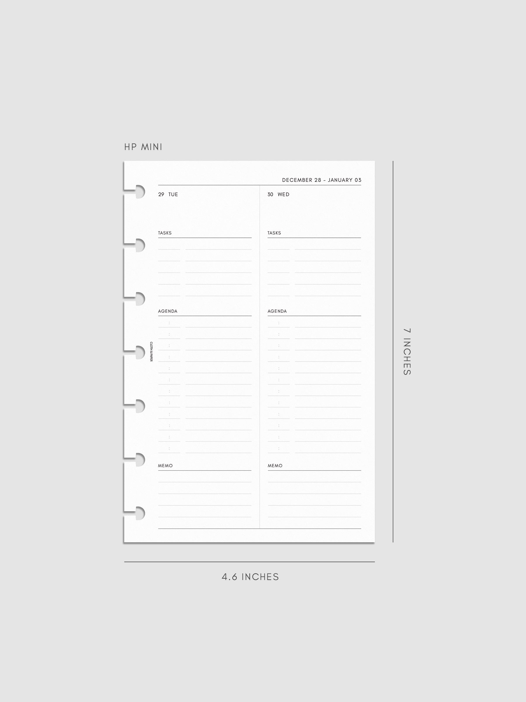 Right page layout of the 2027 Dated Daily Inserts | Monday Start in size HP Mini 7-Disc Punch