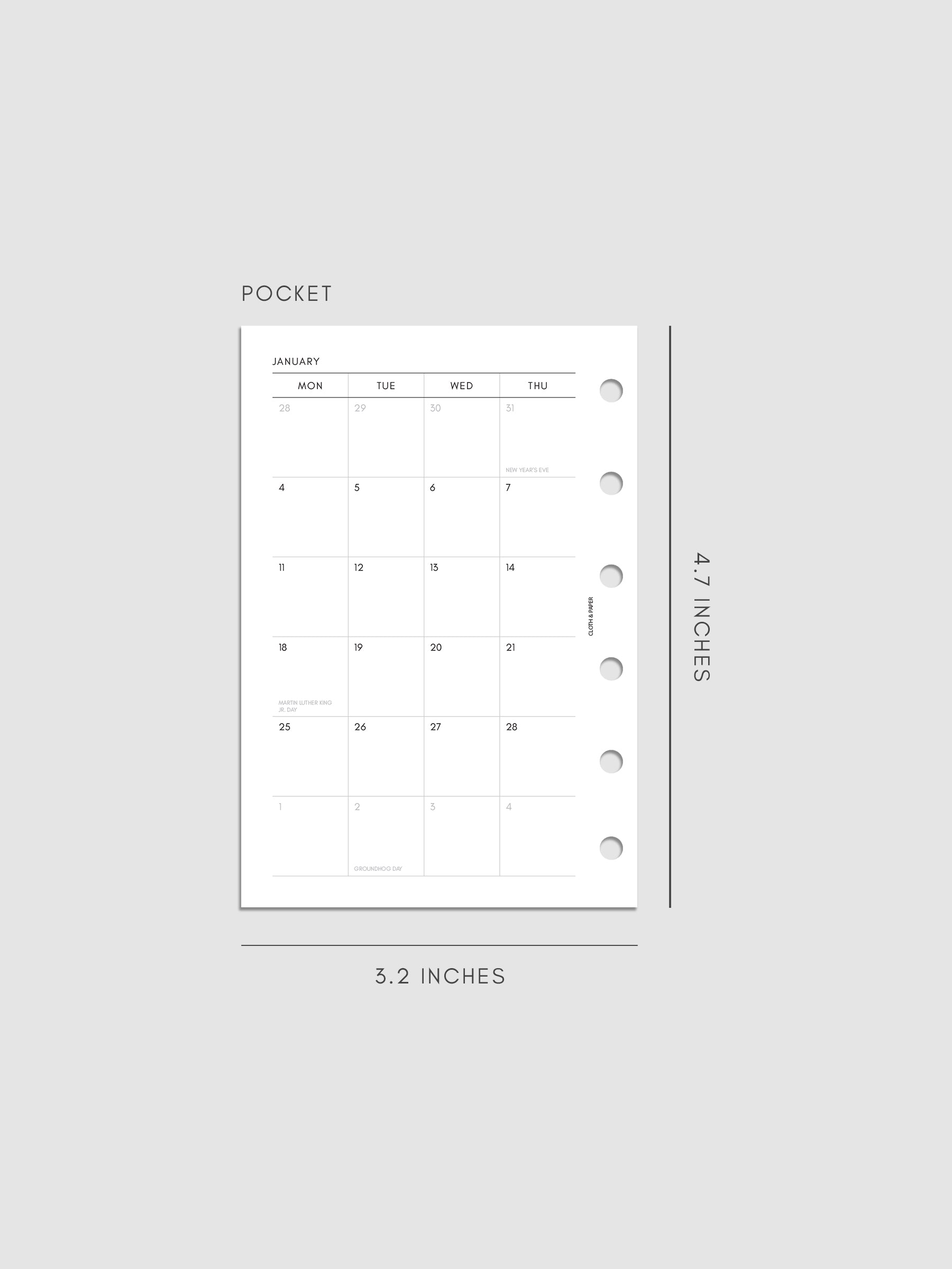 2027 Dated Monthly Planner Inserts, Monday Start, Pocket 6-Ring Punch, left page of two-page monthly calendar spread with Monday start shown inside a planner