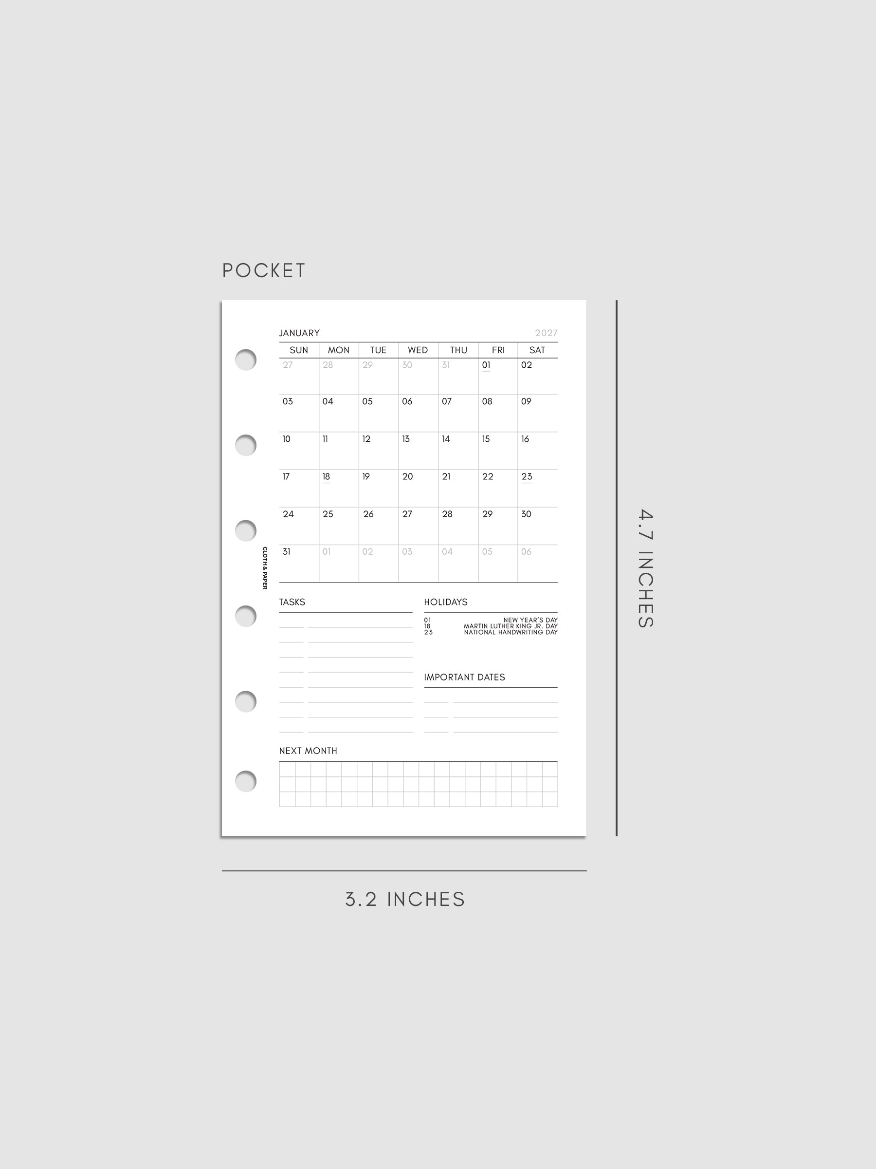 2027 Dated Monthly Admin Inserts in Pocket 6-Ring Punch size, shown as a styled flat lay mockup.