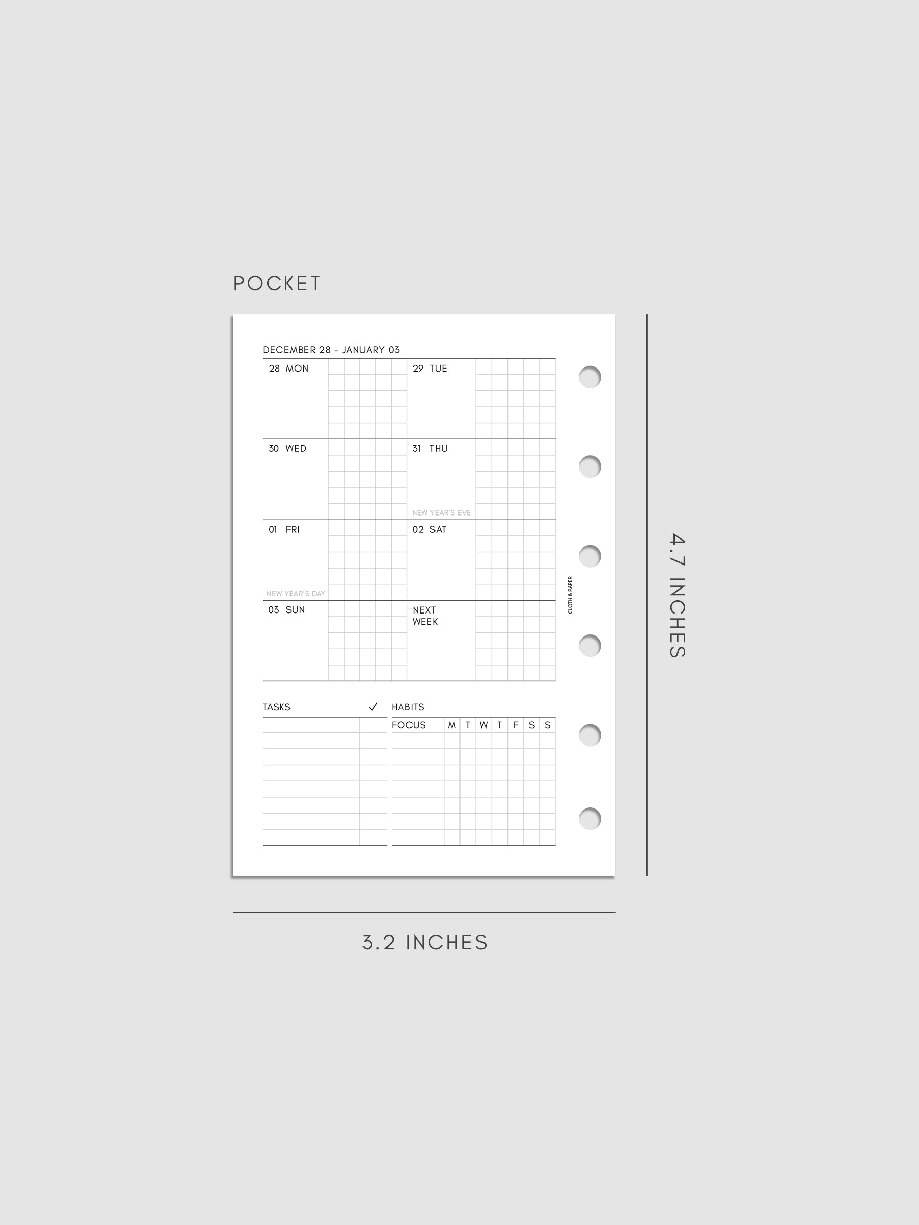 Digital mockup of the left page of the 2027 Dated Weekly Admin insert in Pocket 6-Ring Punch size, showing the weekly overview with sections for tasks and habit tracking